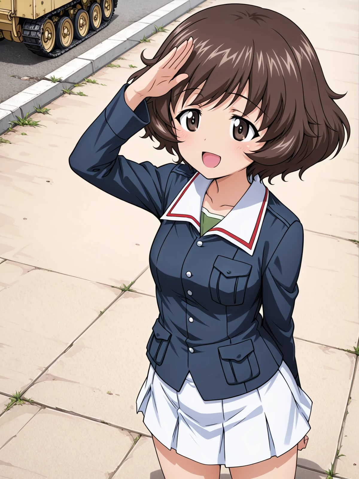 akiyama yukari \(girls und panzer\),ooarai military uniform,ground,salute,