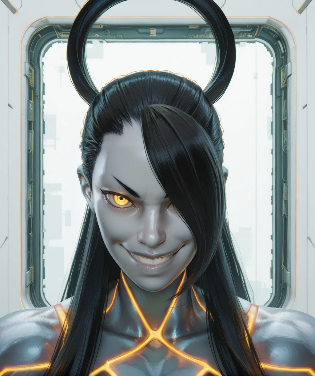 fsethxl, black hair, hair ring, yellow eyes, evil smile,
neon trim, close up,
upper body,
looking at viewer,
indoors, white walls, science fiction,
solo,
detailed environment, clear composition,
(insanely detailed, masterpiece, best quality,), <lora:FSethXL-12v1-iLL:1>,