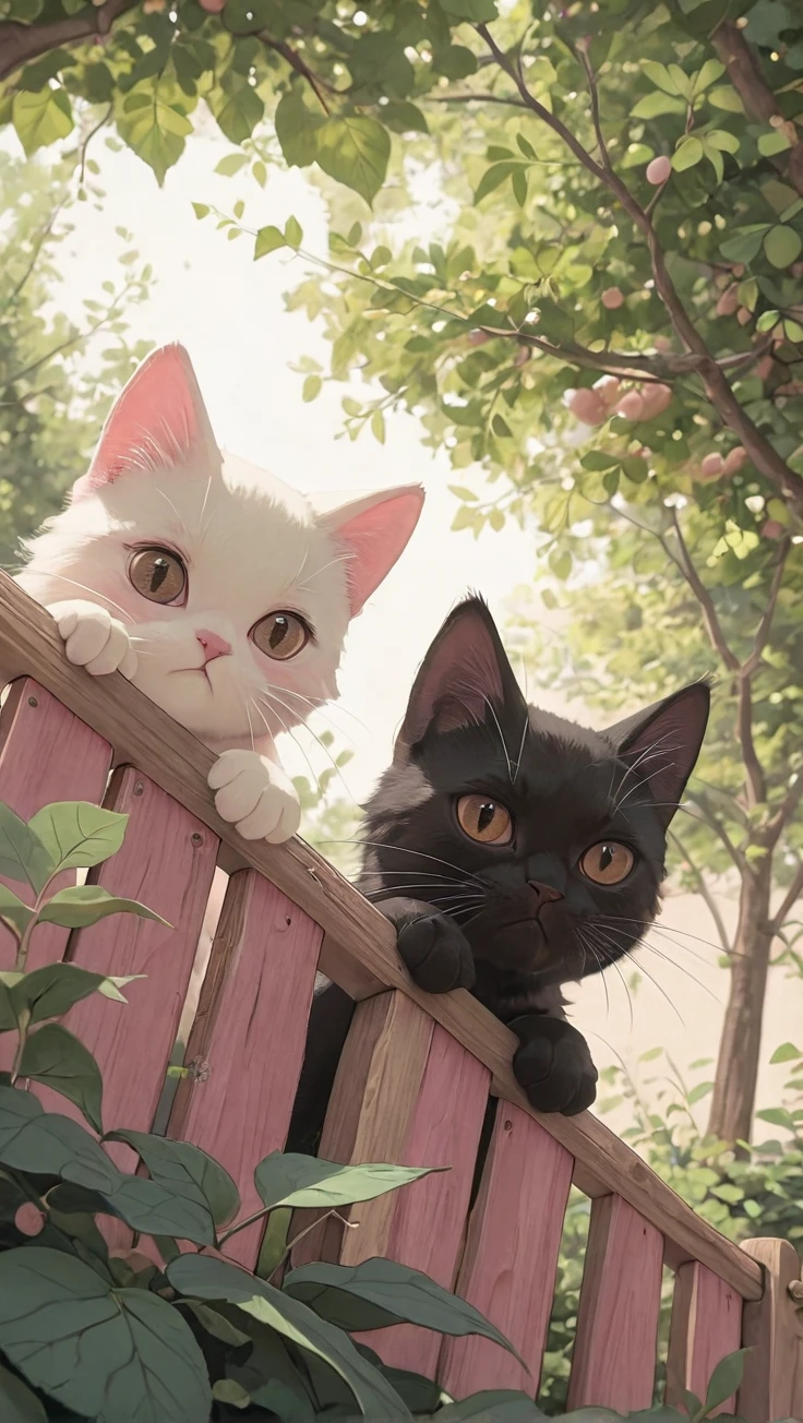 masterpiece, best quality, amazing quality, pink aesthetic, pink theme, looking at viewer, brown eyes, outdoors, day, tree, no humans, animal, leaf, from below, cat, plant, :<, fence, branch, bush, animal focus, white fur, black cat, whiskers, black fur, white cat, wooden fence, foliage