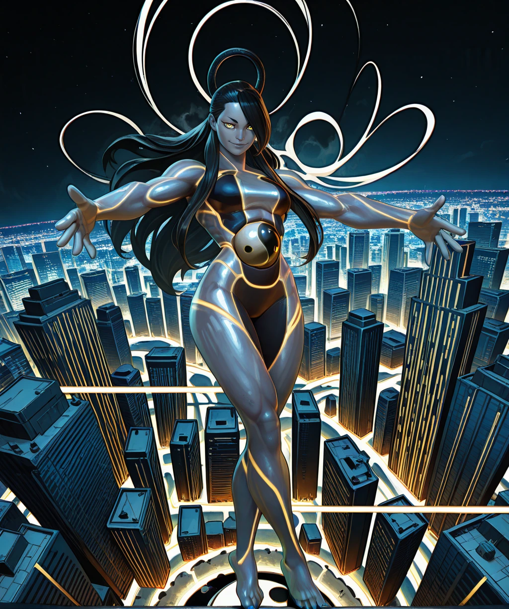 fsethxl, black hair, hair ring, yellow eyes, yin yang,
smile, colored skin, feet,
hips, floating, in air, crossed_legs,
looking at viewer,
clear composition, atmospheric haze, ambient occlusion, night, detailed cityscape,
(insanely detailed, masterpiece, best quality,), <lora:FSethXL-12v1-iLL:0.9>,