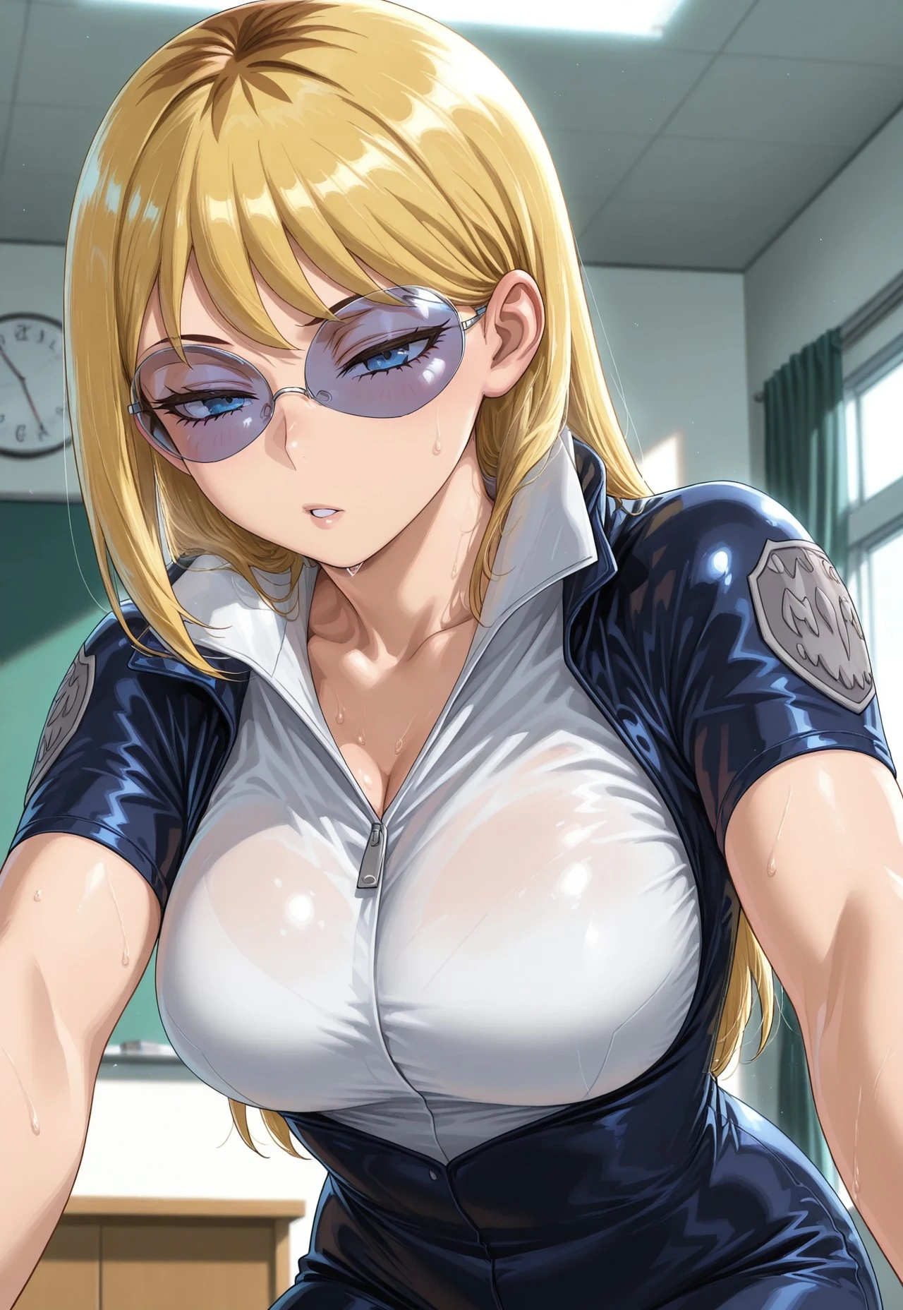 score_9, score_8, score_7, score_6, mxpln, 1 girl, HDR, 8K,masterpiece, best quality, amazing quality, very aesthetic, high contrast, passionate, , half closed eyes,
BREAK
clairevoyance, blue glasses, blue eyes, yellow hair,brown hair spot,dark blue outfit,white collar