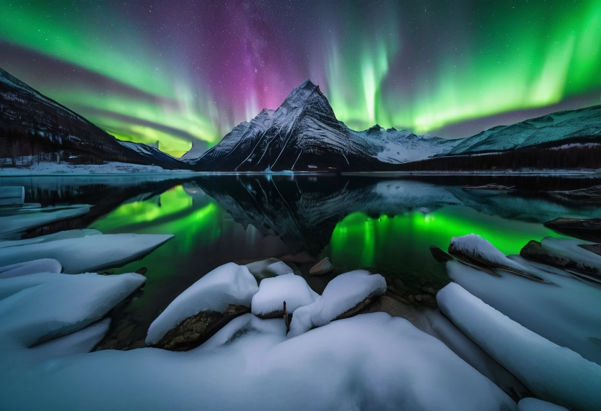 AuroraSpirits, CelestiaDreams astrophotography, intense aurora borealis in bright magenta and violet tones, sweeping across the entire horizon, snowy mountain range below, mirror reflection in a frozen alpine lake, ultra sharp stars, cinematic astrophotography, natural high contrast, wide angle