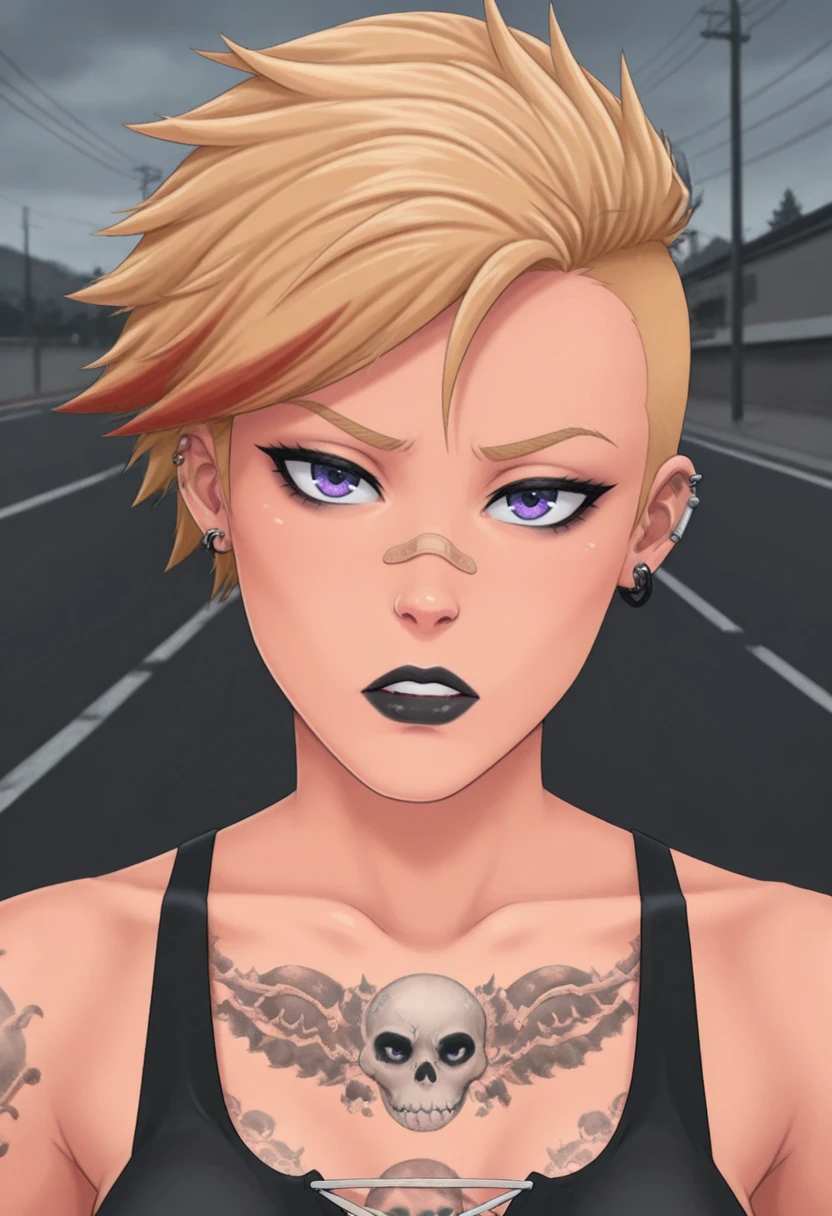 <lora:Kleio-ILL:0.9> klolssb, spiked bracelet, short shorts, purple eyes, corset, skull tattoo, piercing,, , , o-ring clothes, , , Urban, liquid Opal bandaid on ear,, food_on_body, frown, oral_invitation, chewing, road , overcast,, portrait, masterpiece,best quality,amazing quality,very aesthetic,absurdres,ultra detailed face,ultra detailed eyes