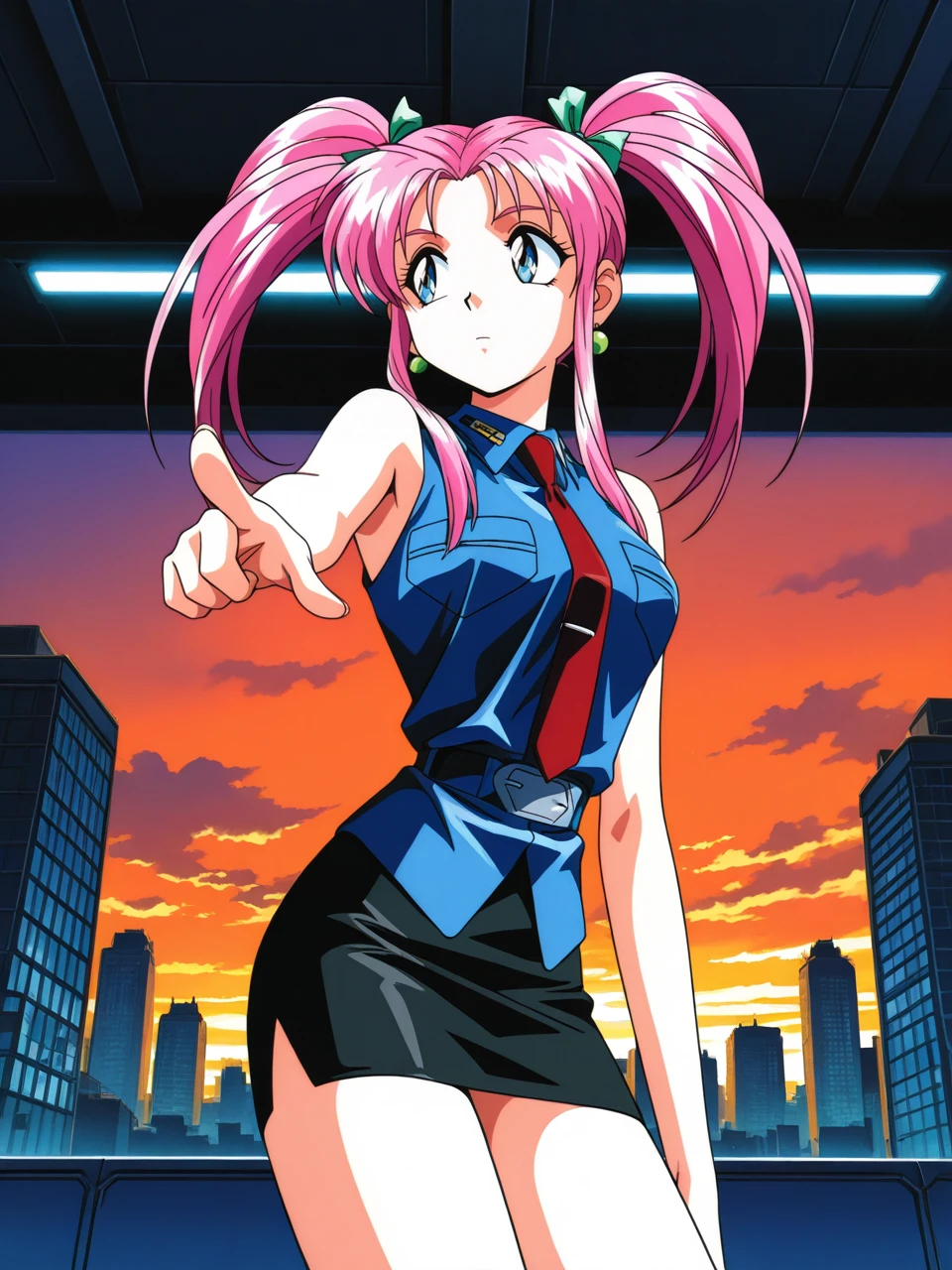 masterpiece, newest, best quality, amazing quality, very aesthetic, ray tracing, volumetric lighting, octane render,  1girl, absurdres, nsfw, expressionless, pointing , from below,  looking to the side,
futuristic,city,sunset,skyscrapers,lights
, <lora:lilica_ill_fw:1>  lilica_ill_fw, twintails, pink hair, long hair, blue eyes, sidelocks, ribbon, necktie, jewelry,  earrings,  pencil skirt, uniform, sleeveless, 1990s \(style\),  <lora:Yamashita_Toshinari_style_Illustrious_FW:0.35> ytfw