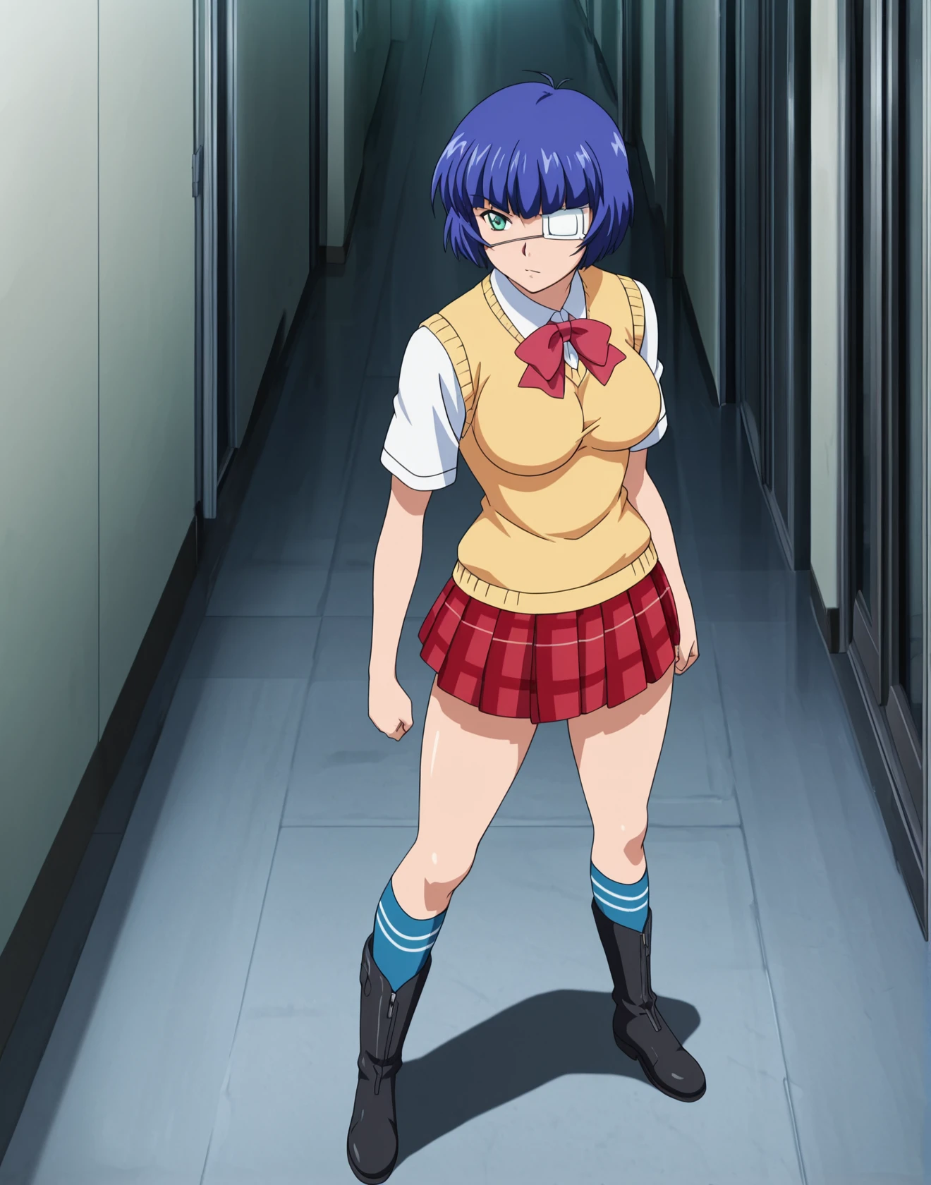 masterpiece, best quality, source_anime, 1girl, solo, ShiRyoIK, blue hair, short hair, bangs, eyepatch, green eye, skirt, plaid skirt, socks, sweater vest, black boots,<lora:Shimei_Ryomou_IL:0.7>