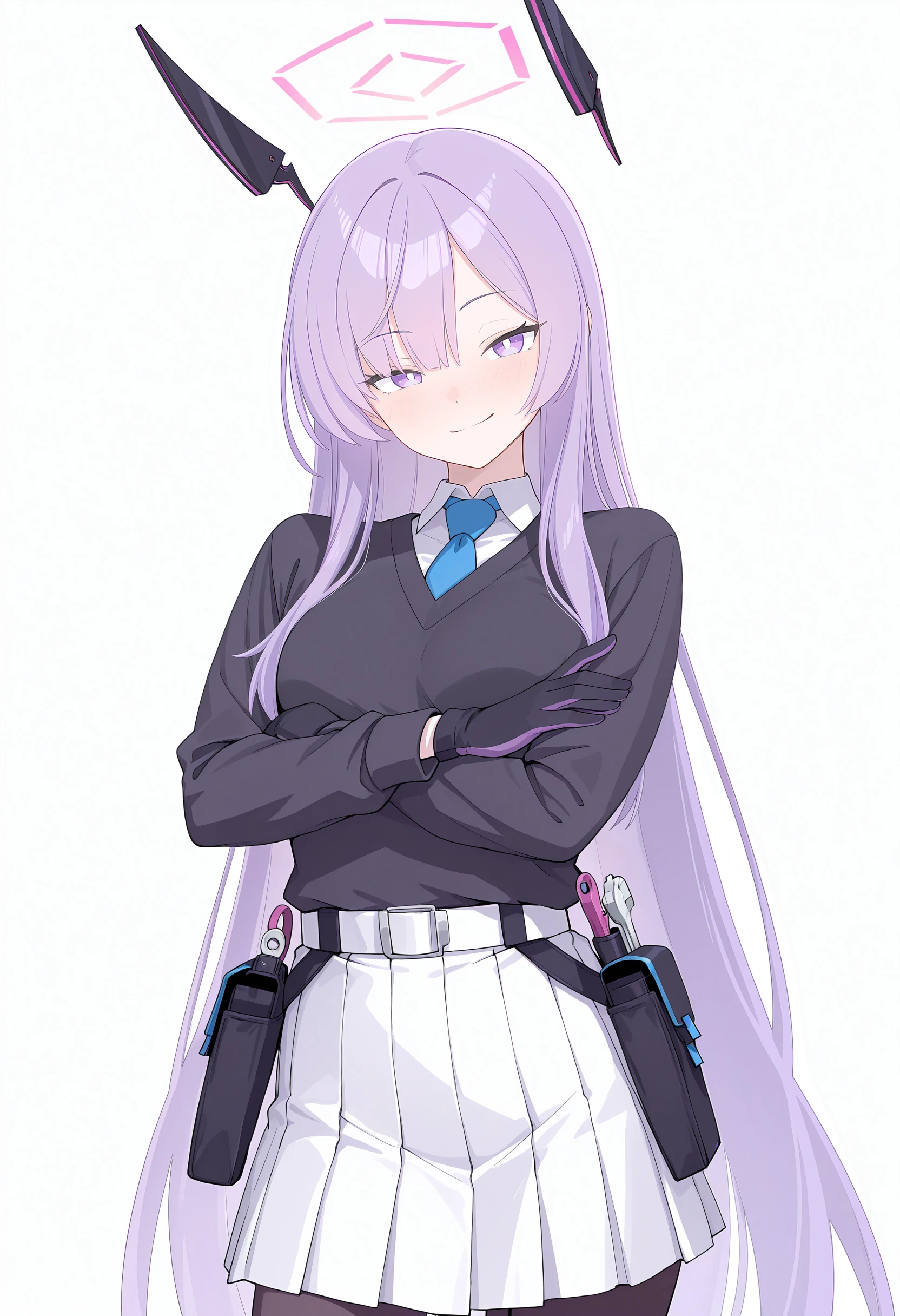 masterpiece, best quality,
1girl, solo, <lora:UtahaILv7-000014:1>, ut4def, purple hair, long straight hair, purple eyes, white pupils, pink halo, floating headgear, small breasts,
black sweater, white collared shirt, blue necktie, black gloves, two-tone gloves, white pleated skirt, brown pantyhose, white belt, belt skirt, black belt pouch, tools,
looking at viewer, crossed arms, arms under breasts, smirk, closed mouth, raised eyebrow, light blush, standing,
white background, simple background, cowboy shot,
