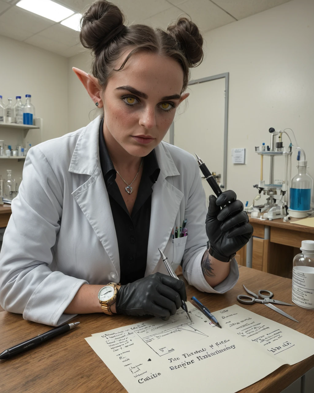 1girl, solo, looking at viewer, brown hair, black hair, gloves, holding, jewelry, jacket, yellow eyes, sweat, black gloves, pointy ears, indoors, necklace, hair bun, mole, mole under eye, double bun, thick eyebrows, desk, freckles, watch, paper, lab coat, nose, realistic, pen, wristwatch, scissors, ceiling light, photorealistic,
In a laboratory setting, a person with long, dark hair styled in two buns sits at a wooden table, wearing a white lab coat over a black shirt. They have pointed elf ears and are dressed in black gloves, holding a pen and writing on a piece of paper. The room is equipped with various scientific apparatuses, including beakers and test tubes, and shelves filled with bottles and equipment. The lighting is bright, with fluorescent lights illuminating the space. The overall atmosphere suggests a serious and focused environment, likely dedicated to scientific research or experimentation.