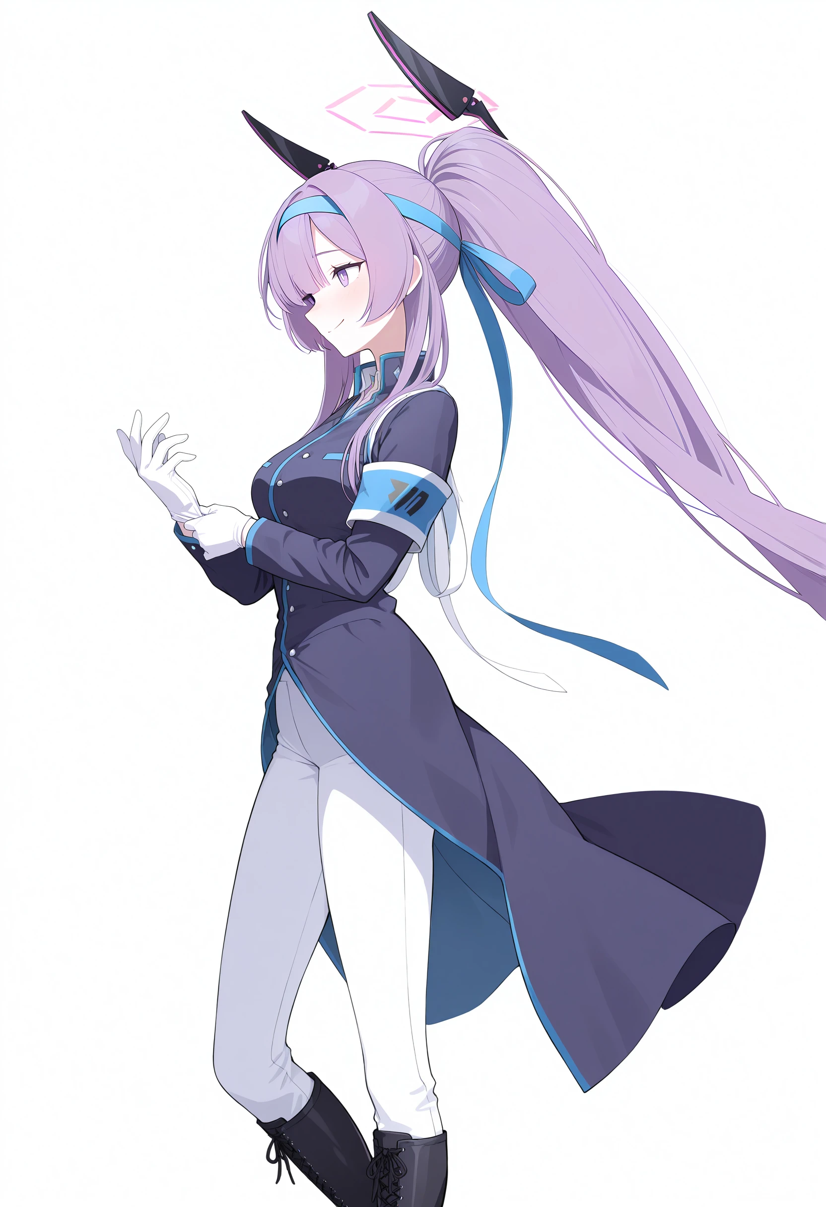 masterpiece, best quality, 
1girl, solo, <lora:UtahaILv7-000014:1>, ut4cap, purple hair, long hair, high ponytail, purple eyes, white pupils, pink halo, floating headgear, blue hachimaki, hair ribbon, medium breasts,
black and blue coat, two-tone coat,  buttons, white collared shirt, open collar, blue armband, white tasuki, back ribbon, white pants, black laced boots, knee boots, white gloves,
looking ahead, profile, raised eyebrows, smile, light blush, standing, adjusting gloves, 
white background, simple background,