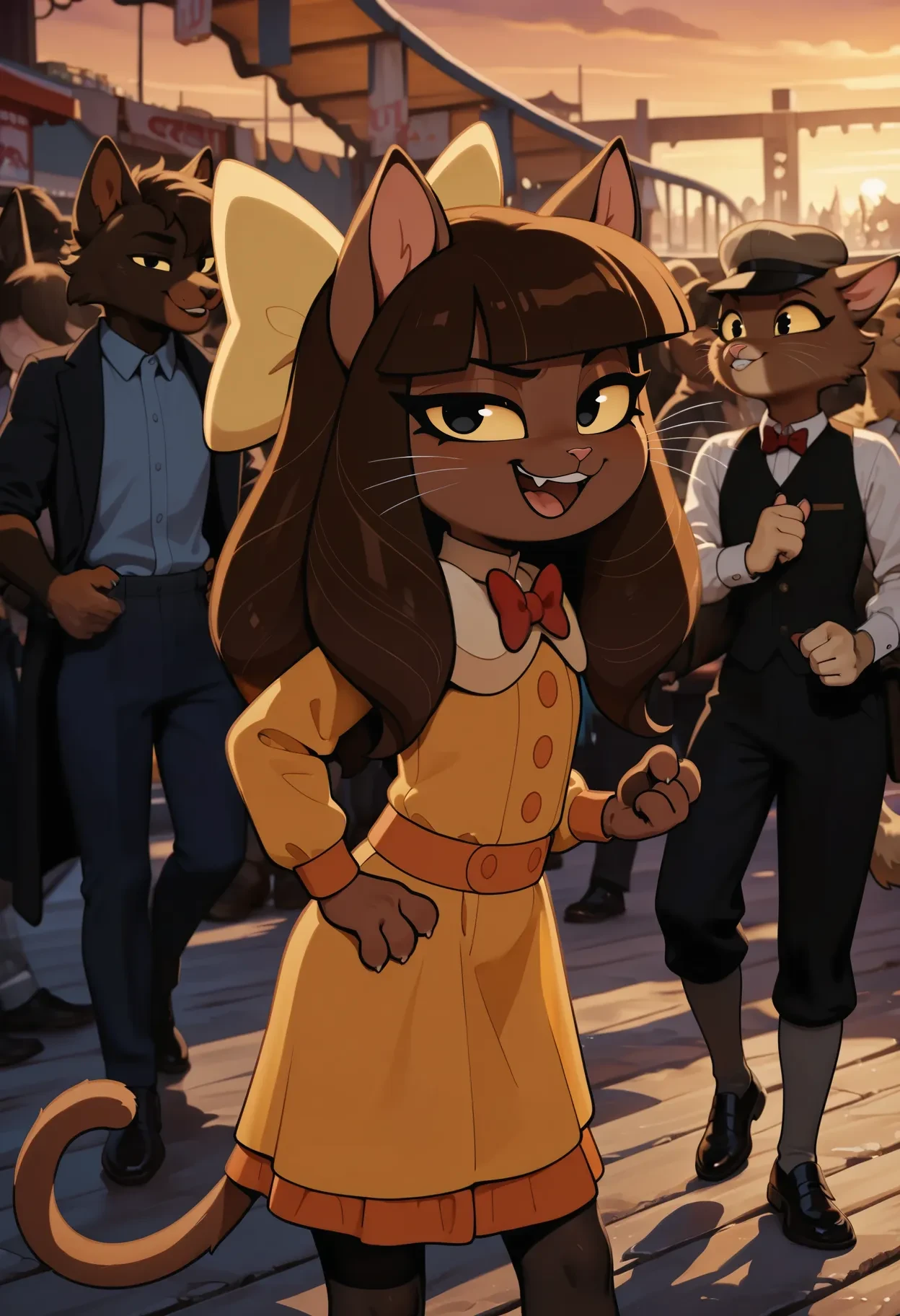 masterpiece, best quality, absurdres, BREAK, on model, ivyc, black eyes, yellow sclera, brown fur, brown body, brown hair, long hair, bangs, earlocks, feline, tail, yellow dress, yellow hairbow, red bow, grey socks, grey gaiters, black shoes, furry, anthro, cowboy shot, standing, ears, from side, facing side, looking at viewer, smug, open smile, playful, teasing, bedroom eyes, eyes half closed, outdoors, street, crowd, short, 1girl, female, solo, flat chest, sunset, pier, boardwalk, amusement park, <lora:Ivy v5b Noobs955:1>