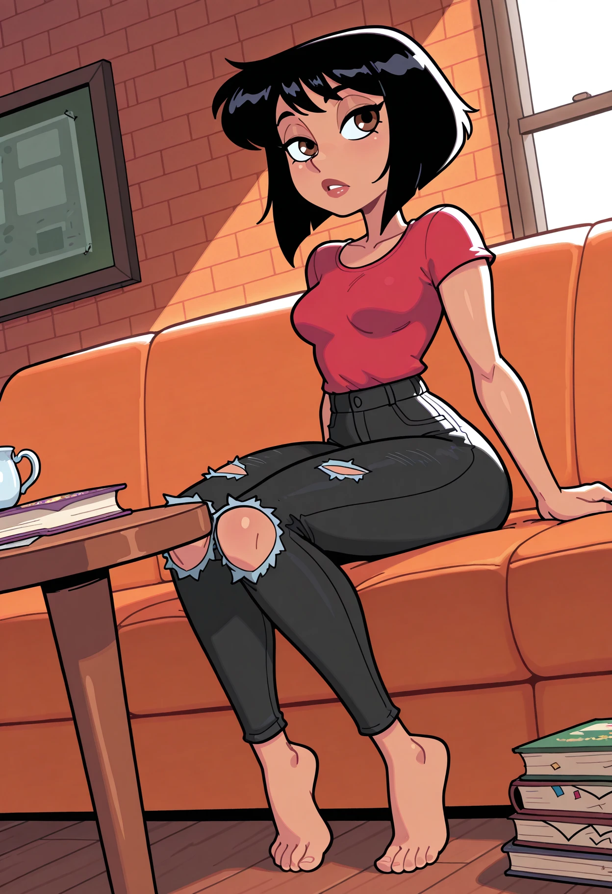 Masterpiece,Superior Quality,Amazing Quality,Masterpiece,Maximum Quality,Ultra-detailed,Dynamic Angle,Dynamic Composition,Alone,Dynamic Lighting,Adult woman,latina black hair,inverted bob,tan skin,brown eyes,athletic body,small breasts,thin,fit,barefoot,lighting,looking at viewer,looking to the side,Ripped jeans,red t-shirt,Sitting on a sofa,knees together,tea table in front of her,messy books,orange brick walls,window,toon,