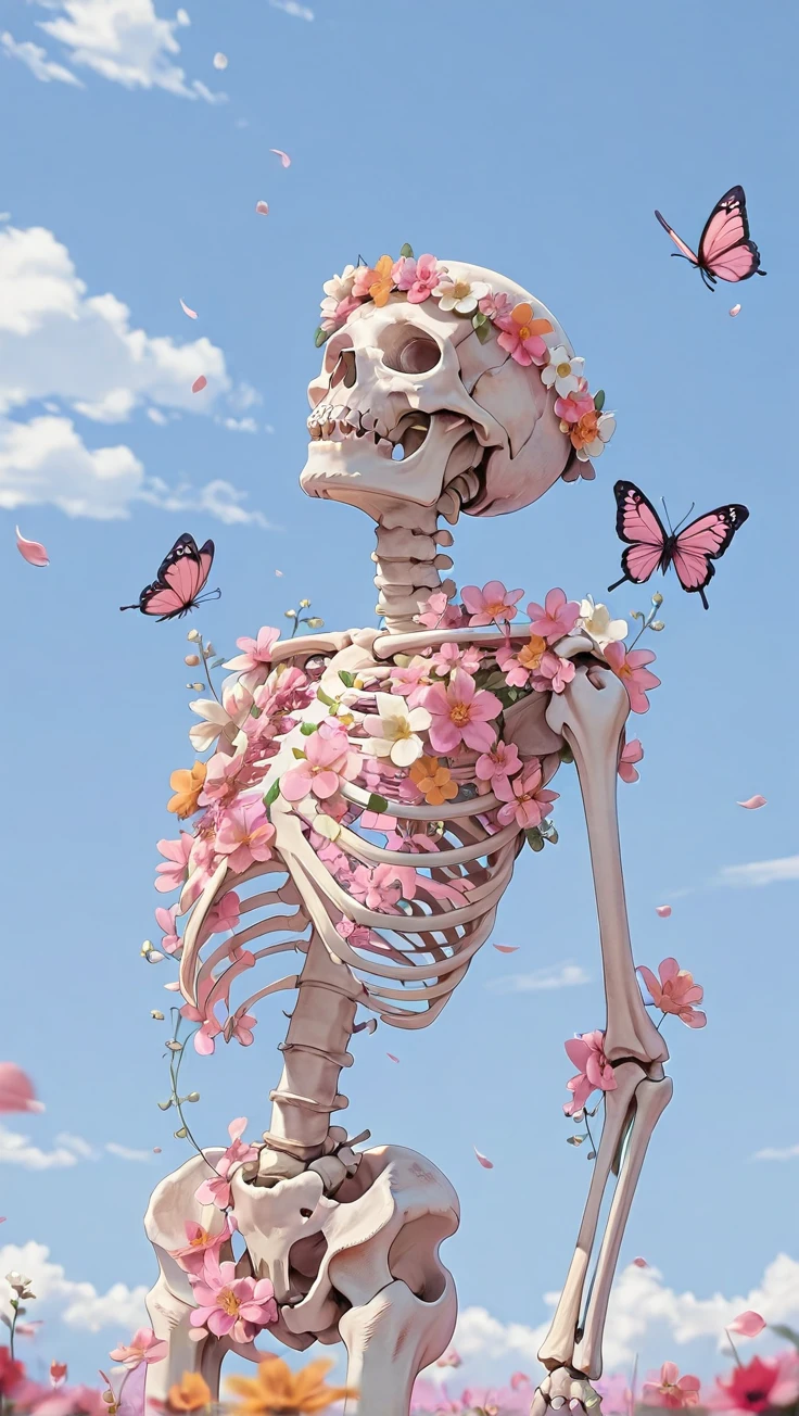 masterpiece, best quality, amazing quality, pink aesthetic, pink theme, solo, flower, outdoors, sky, day, cloud, blurry, blue sky, no humans, petals, depth of field, white flower, bug, red flower, butterfly, pink flower, blurry foreground, yellow flower, head wreath, ribs, skeleton, bone, orange flower