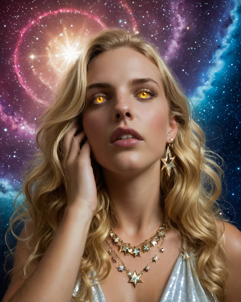 1girl, solo, long hair, blonde hair, jewelry, yellow eyes, earrings, parted lips, teeth, necklace, star \(symbol\), eyelashes, lips, night, glowing, portrait, looking up, star \(sky\), glowing eyes, hand on own face, nose, realistic,
In a mesmerizing, ethereal setting, a woman with long, wavy blonde hair cascades down her shoulders. Her eyes, glowing with an otherworldly luminescence, reflect the vibrant hues of the surrounding space. She is adorned with delicate earrings that shimmer subtly, complementing her elegant, sleeveless outfit. The background is a breathtaking blend of deep blues and warm oranges, reminiscent of a starry night sky. Tiny, glowing particles float around her, adding to the dreamlike atmosphere. Her hand gently touches her cheek, enhancing the serene and contemplative mood of the scene.