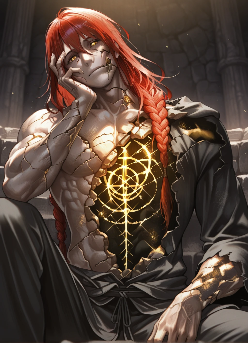masterpiece,best quality,  radagon, solo, 1boy, muscular male, long red hair, braided hair, cracked body, hole in chest, glowing elden ring (symbol), <lora:radagon:1>,  looking at viewer, sitting, hand on own face, head tilt,