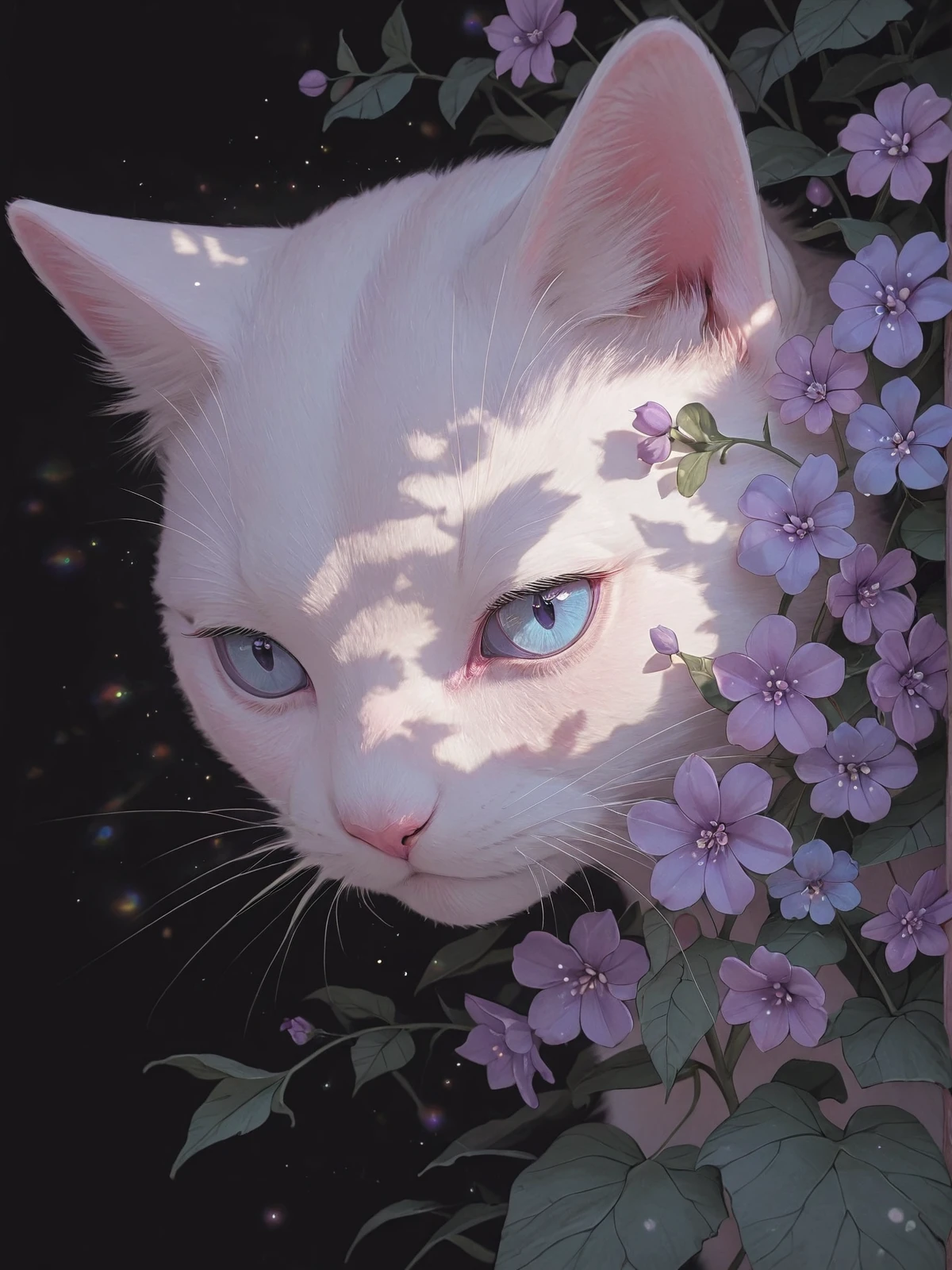 masterpiece, best quality, amazing quality, pink aesthetic, pink theme, solo, looking at viewer, blue eyes, simple background, closed mouth, flower, sparkle, no humans, animal, leaf, sunlight, cat, plant, black background, portrait, light particles, purple flower, animal focus, dappled sunlight, whiskers, white cat, blue sclera