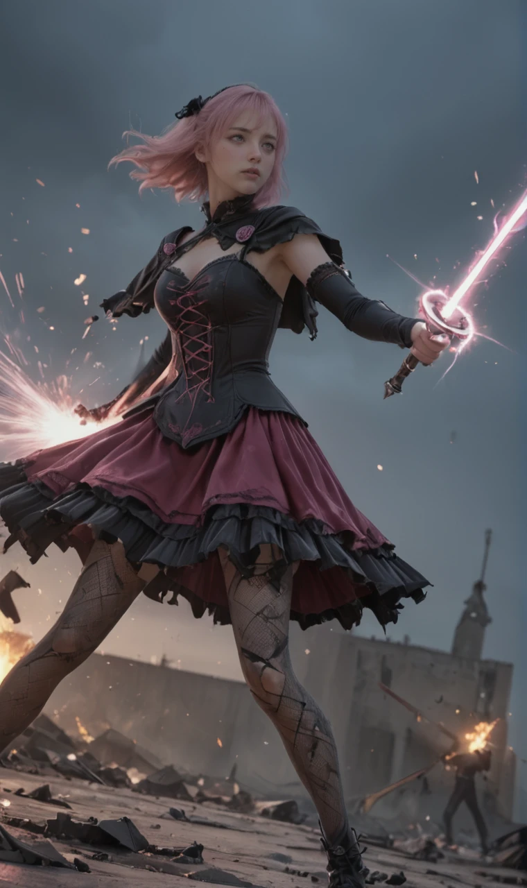 a girl fighting in movie battle scene. girl is in gothic dress and holding rapier sword, fencing. <lora:scamy_iniverse_32_2e4:0.7> scamy, bangs, crimson dress, pink hair, skirt,detached sleeves, in destroyed prison, clouded sky in mid night, energy beam,fire,leaser beam attack on body, motion blur, damage effect.