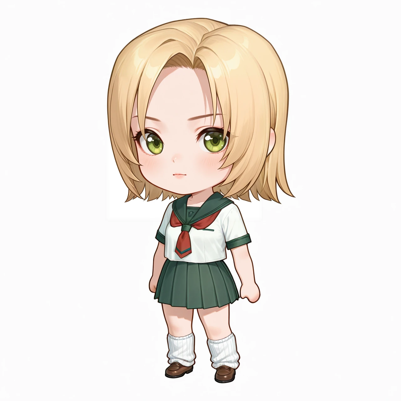 masterpiece,best quality,absurdres,1girl,solo,<lora:Setsuki_illust01_loha:0.85>,short hair,blonde hair,green eyes,school uniform,pleated skirt,loose socks,brown shoes,looking at viewer,<lora:IriaStyleIllustriousV1:1> chibi, full body,