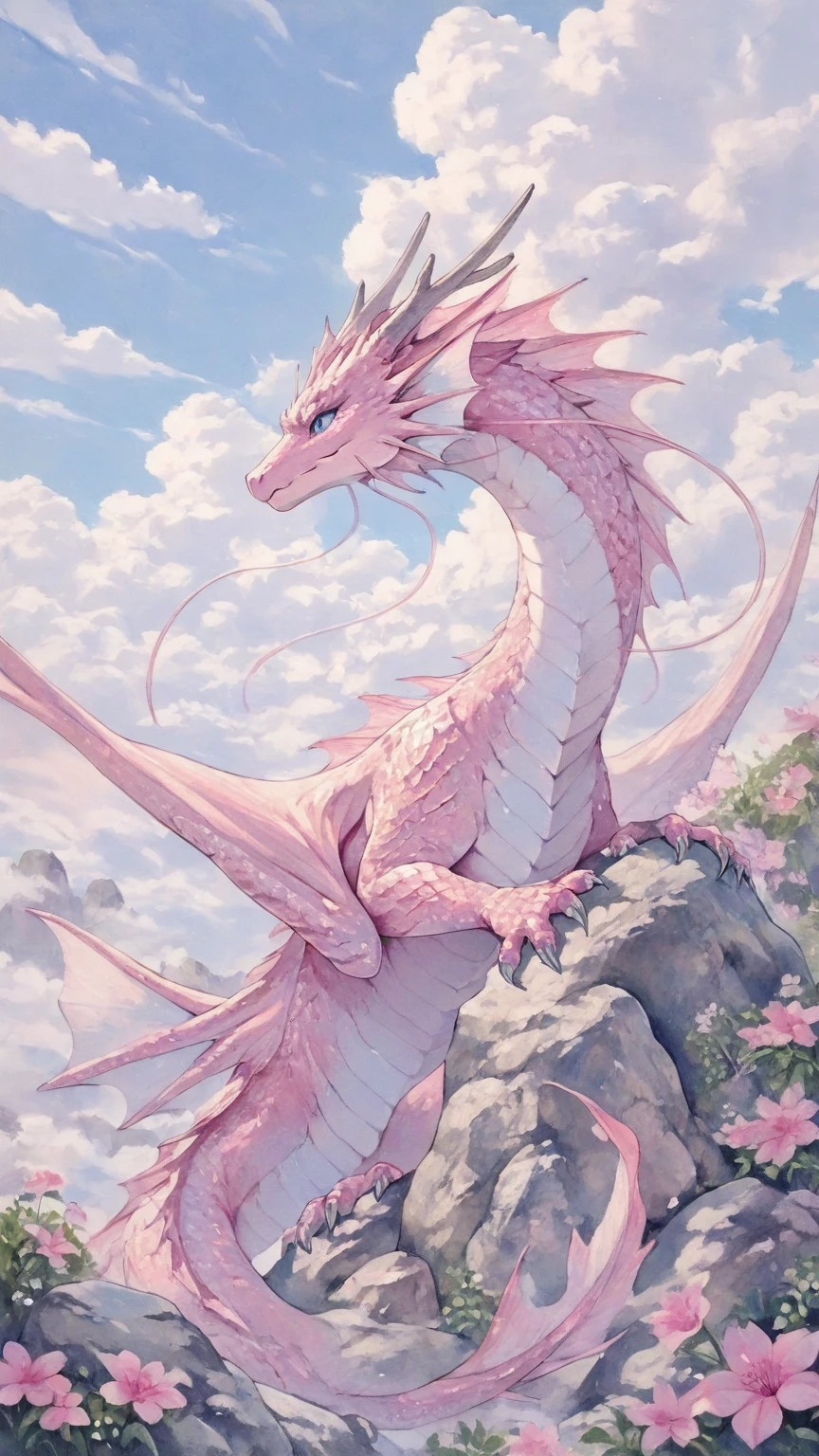 masterpiece, best quality, amazing quality, pink aesthetic, pink theme, solo, blue eyes, closed mouth, flower, outdoors, horns, wings, sky, day, cloud, from side, blue sky, no humans, traditional media, cloudy sky, scenery, claws, rock, fins, dragon, scales, animal focus, painting \(medium\), head fins, eastern dragon