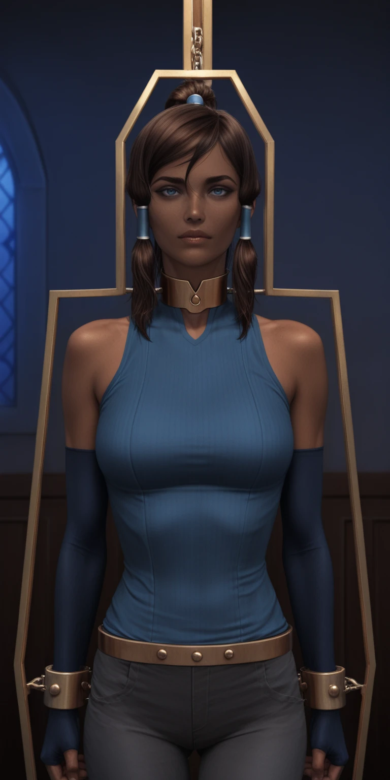 embedding:IllusP0s, metal bondage frame, stationary restraints, looking at viewer, solo, 1girl, indoors, mansion, gold metal, night, windows, gold metal collar, head frame, realistic, korra, dark-skinned female, blue eyes, brown hair, ponytail, sidelocks, hair tubes, bangs, blue shirt, high collar, grey pants, bare shoulders, blue elbow gloves<lora:Krisdecker_V2.safetensors:0.8:0.8> <lora:metal_bondage_frame.safetensors:1:1>
