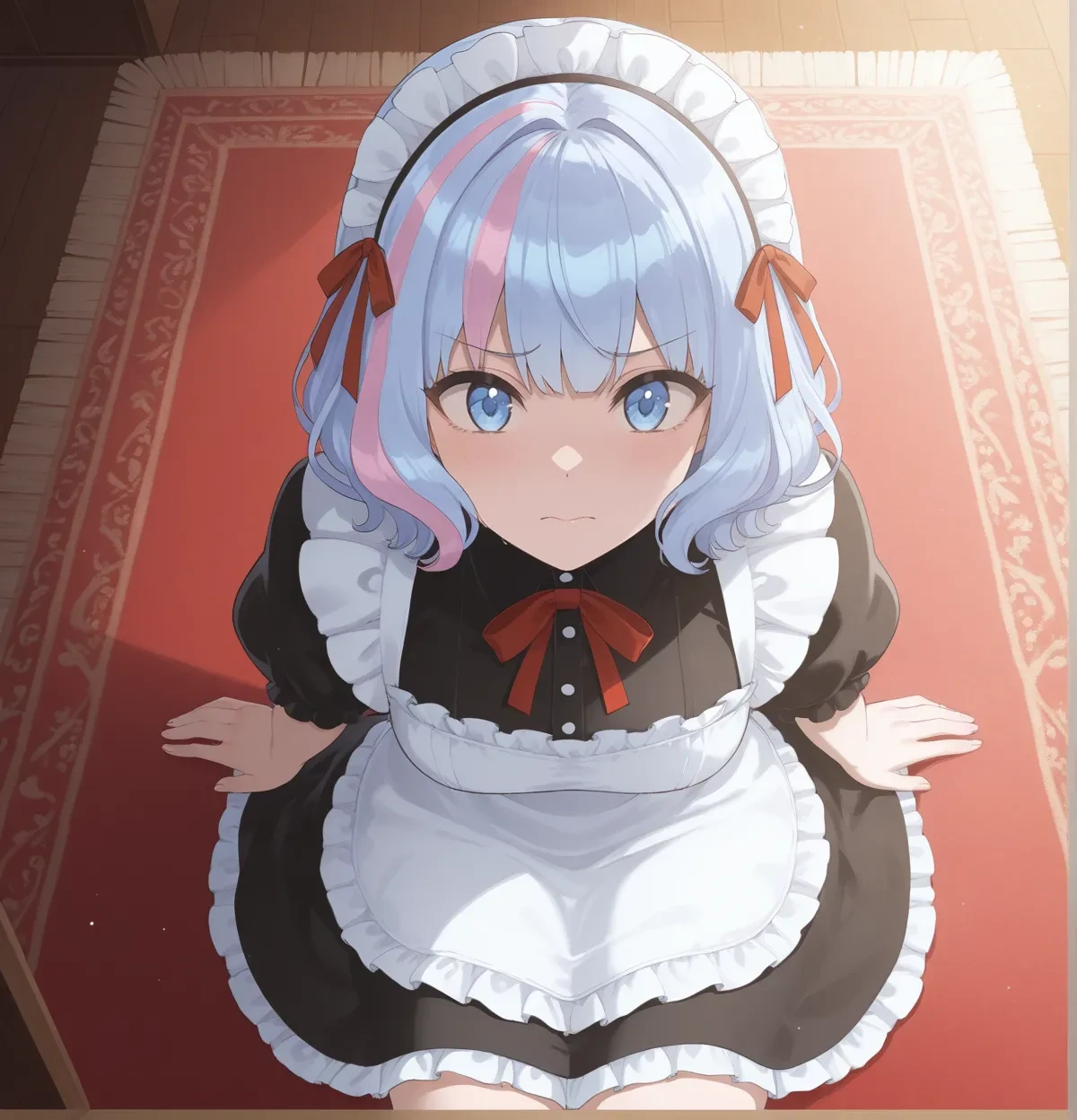 solo,1girl,kukuri_tomo,tomochin,blue hair,two-tone color,pinkhair,highres,absurdres,sit down,incredibly absurdres,carpet floors in the great hall,huge filesize,maid,large mansion,embarrass,streaming_tears,tear,<lora:tomochin03:1>,angle of view from above,backlight,the shadow of a person,wounds,dynamic view,