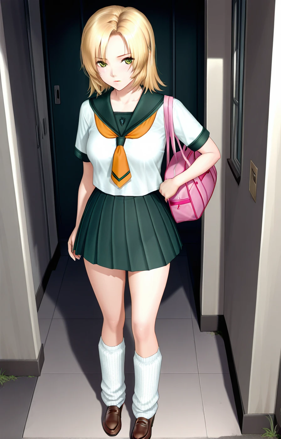 masterpiece,best quality,absurdres,1girl,solo,<lora:Setsuki_illust01_loha:0.85>,short hair,blonde hair,green eyes,school uniform,pleated skirt,loose socks,brown shoes,pink bag,