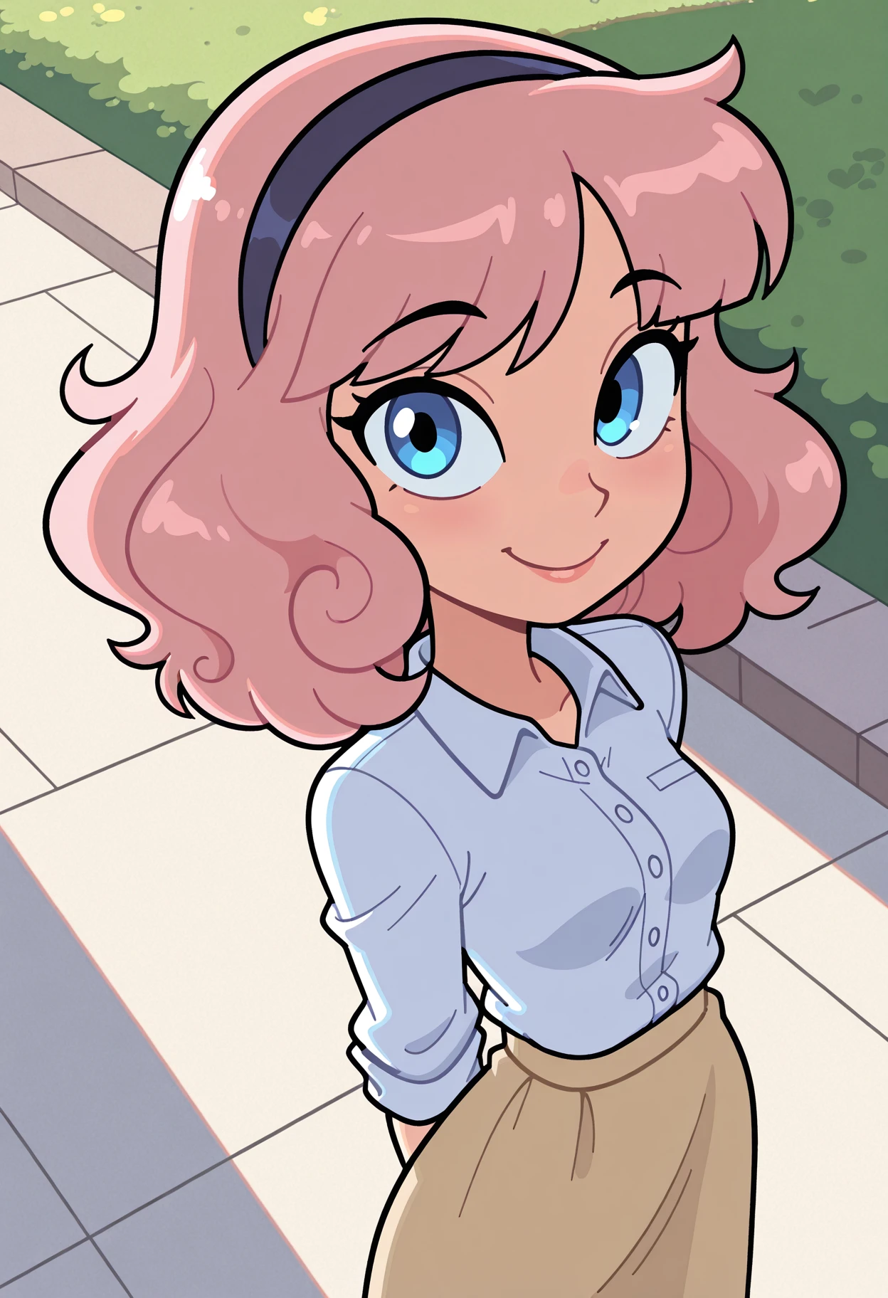 toon,Masterpiece,amazing quality,4k,high resolution,ultra-detailed,newest,best quality,1girl, wavy hair, light pink hair, medium hair, center part bangs,  hairband, Linen button-down shirt, Linen wrap skirt,standing,detailed eyes, street,sidewalk, suburban neighborhood, smile, small breasts, from front, natural lighting, blue eyes, (daytime:1),(dappled shadows:0.3),dynamic angle,scenery,rim light,available light,face focus,looking at viewer,