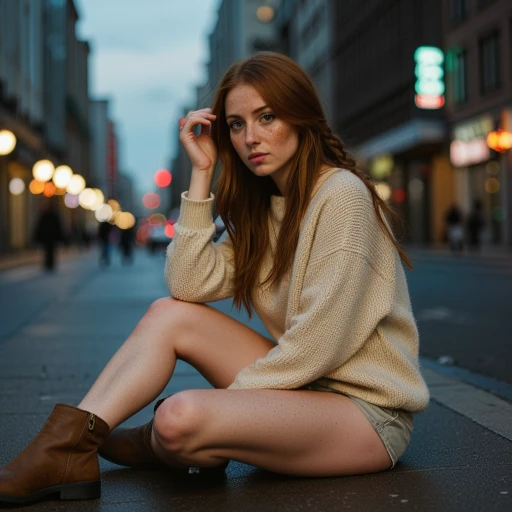 RAW full body analogue photo of a beautiful 25 years old  an auburn hair woman, clear focus, freckles, blue eyes, high resolution image, auburn haired woman,perfect face,  pose, wearing light khaki cutoffs with a soft beige sweater and brown ankle boots, perfect eyes, detailed eyes, detailed iris, realistic skins absolute perfect , soft , natural , (braided hair:1.3),photo Fantasy art combining the styles of Boris Vellejo and Luis Royo,Photorealistic, real photo, god rays, 1girl, 21yo,realistic, , pose,  pose, exhibitionism , street during a neon storm,