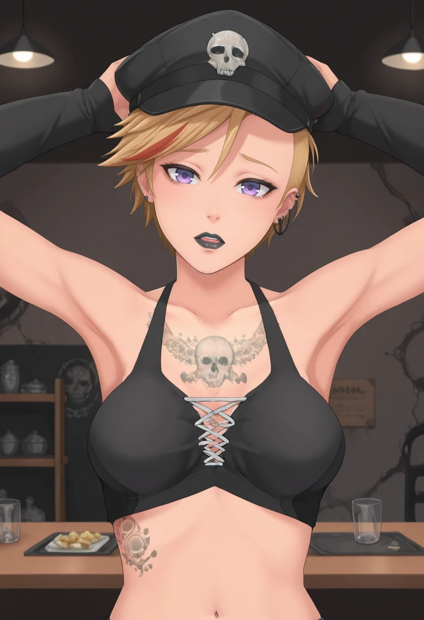 solo, <lora:Kleio-ILL:0.9> klolssb, skull_tattoo, purple eyes, piercing,, hip_hop, Metal halterneck , , armpit cutout, , tied clothes, , sleeves past wrists, bimbo, Pinstripe pattern service cap,, shopping, averting_eyes, sobbing, cheek_squash, cafeteria , nightstand,, ruins, , toon, from below, close up, masterpiece,best quality,amazing quality,very aesthetic,absurdres,ultra detailed face,ultra detailed eyes