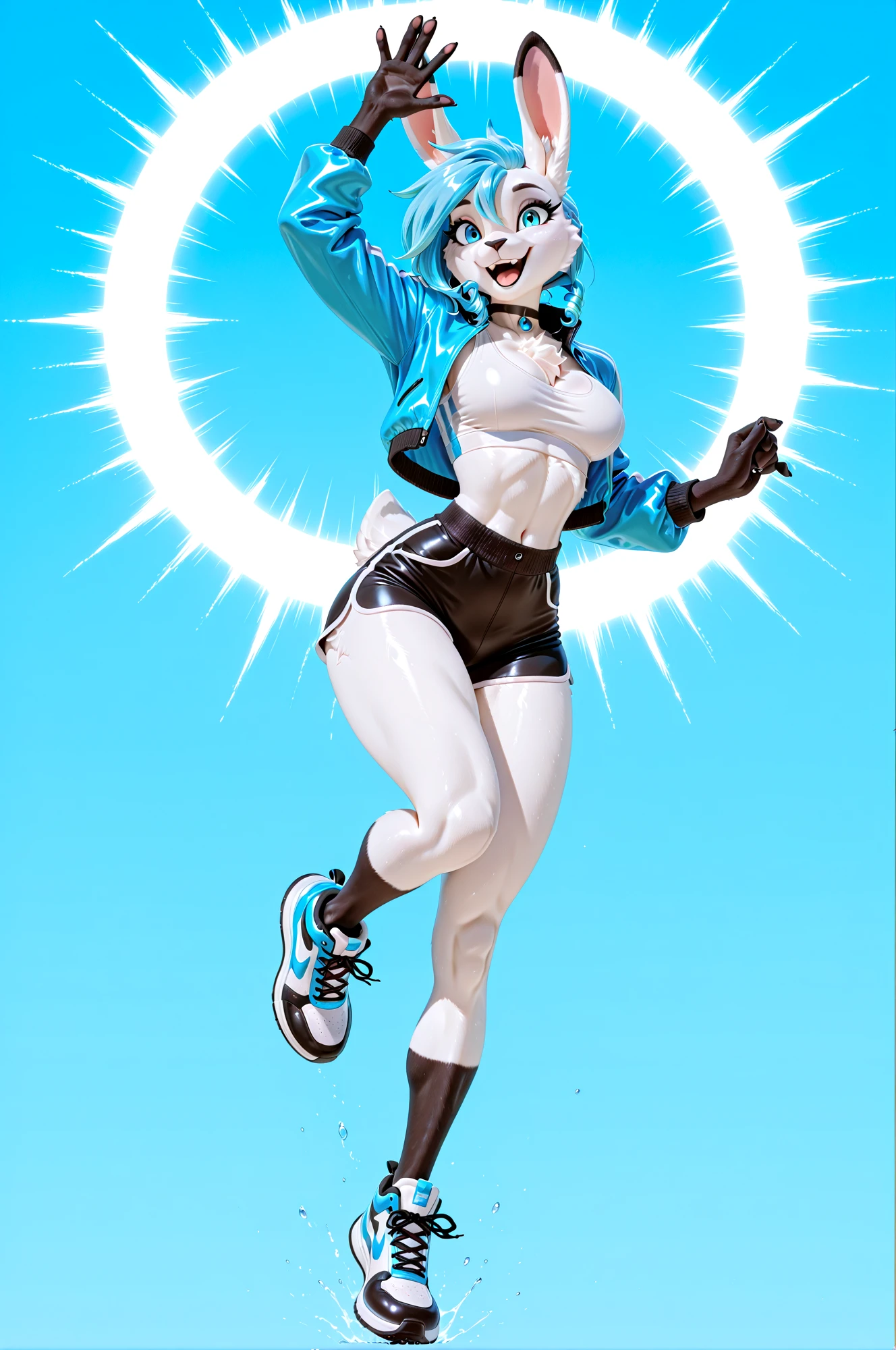 masterpiece, best quality, amazing quality, very aesthetic, absurdres, newest, anime style, cel-shaded, saturated colors, glossy highlights, furry, anthro, Liora Furry Bunny, blue hair, blue eyes, solo, 1girl, dynamic pose, sporty jacket, shorts, sneakers, jumping with joy, waving hand, happy energetic expression, background: anime sports field with blue sky and sun glow, bright PG aesthetic