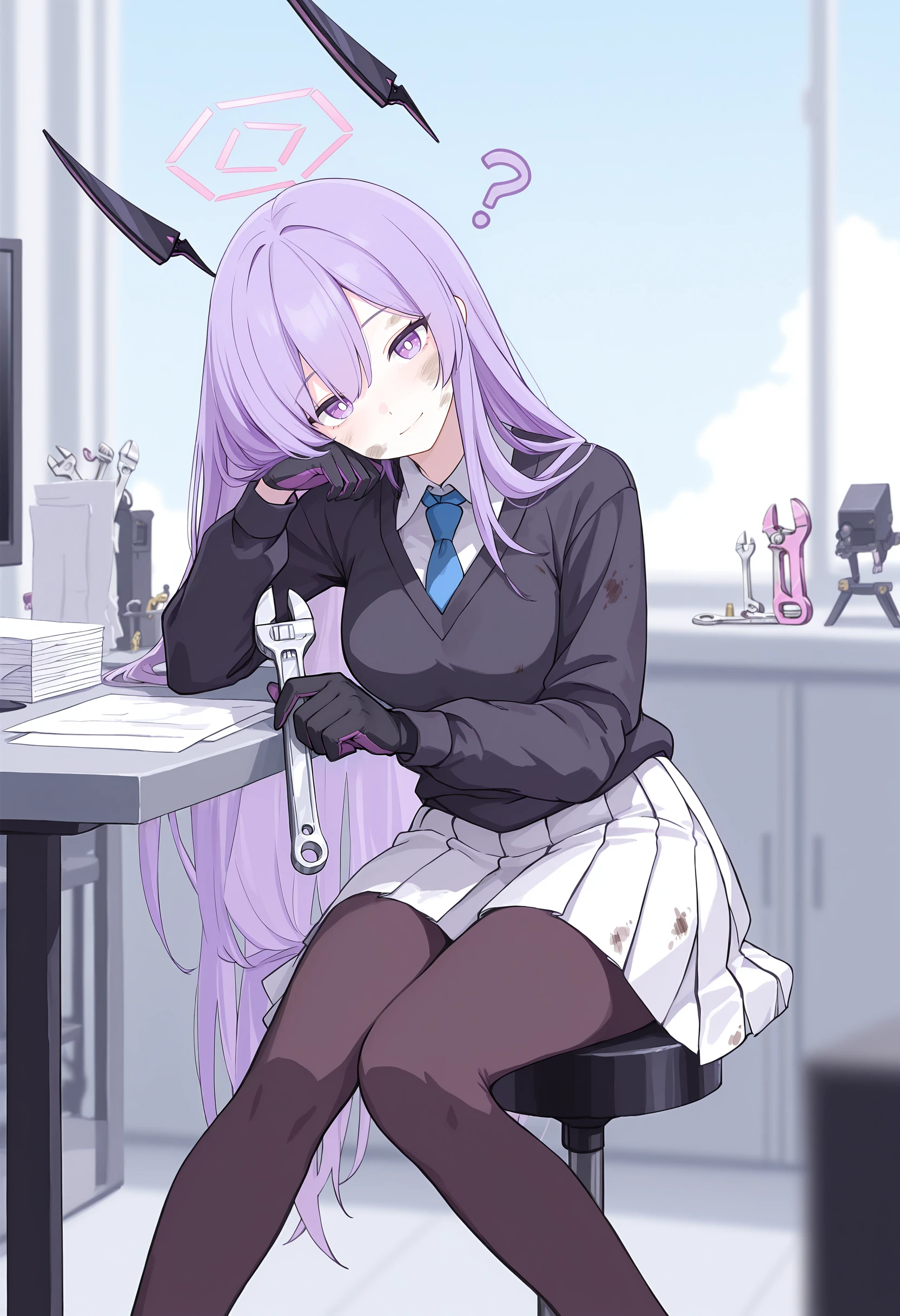 masterpiece, best quality,
1girl, solo, <lora:UtahaILv7-000014:1>, ut4def, purple hair, long straight hair, purple eyes, white pupils, pink halo, floating headgear, medium breasts,
black sweater, white collared shirt, blue necktie, black gloves, two-tone gloves, white pleated skirt, brown pantyhose, black loafers, BREAK
sitting, on stool, knees together feet apart, elbow rest, looking at viewer, light smile, head tilt, confused, ?, hair spread out, BREAK
<lora:Laboratory_-_IL:0.8> l4b, indoors, table, shelf, monitor, science, science fiction, (white table:0.8), black stool, bolt \(hardware\), day, window, blue sky, tools, blurry wrench, holding wrench, papers, depth of field, dirty face, dirty clothes,