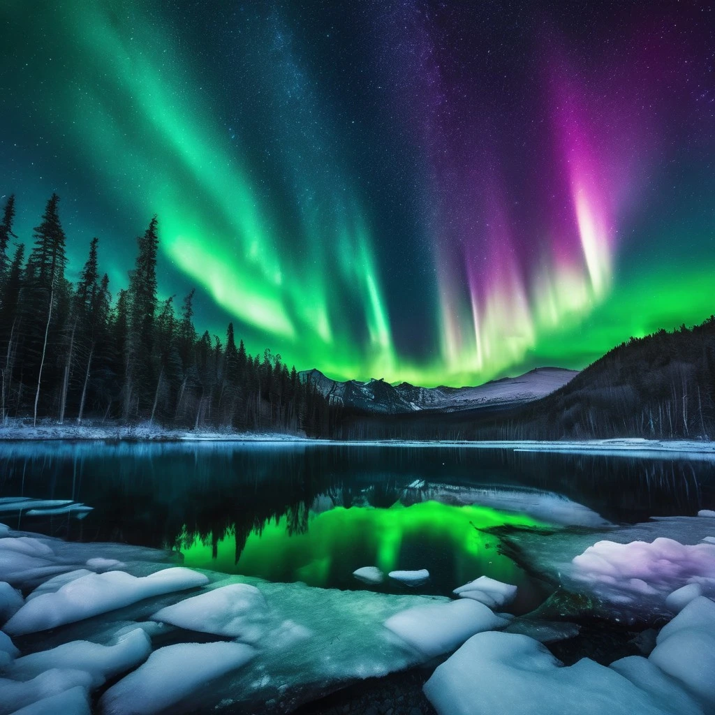 AuroraSpirits, Surreal neon aurora explosion across the night sky, blending green, purple, blue, and crimson colors, reflected in icy lake, cinematic astrophotography, hyper detailed, fantasy yet realistic look