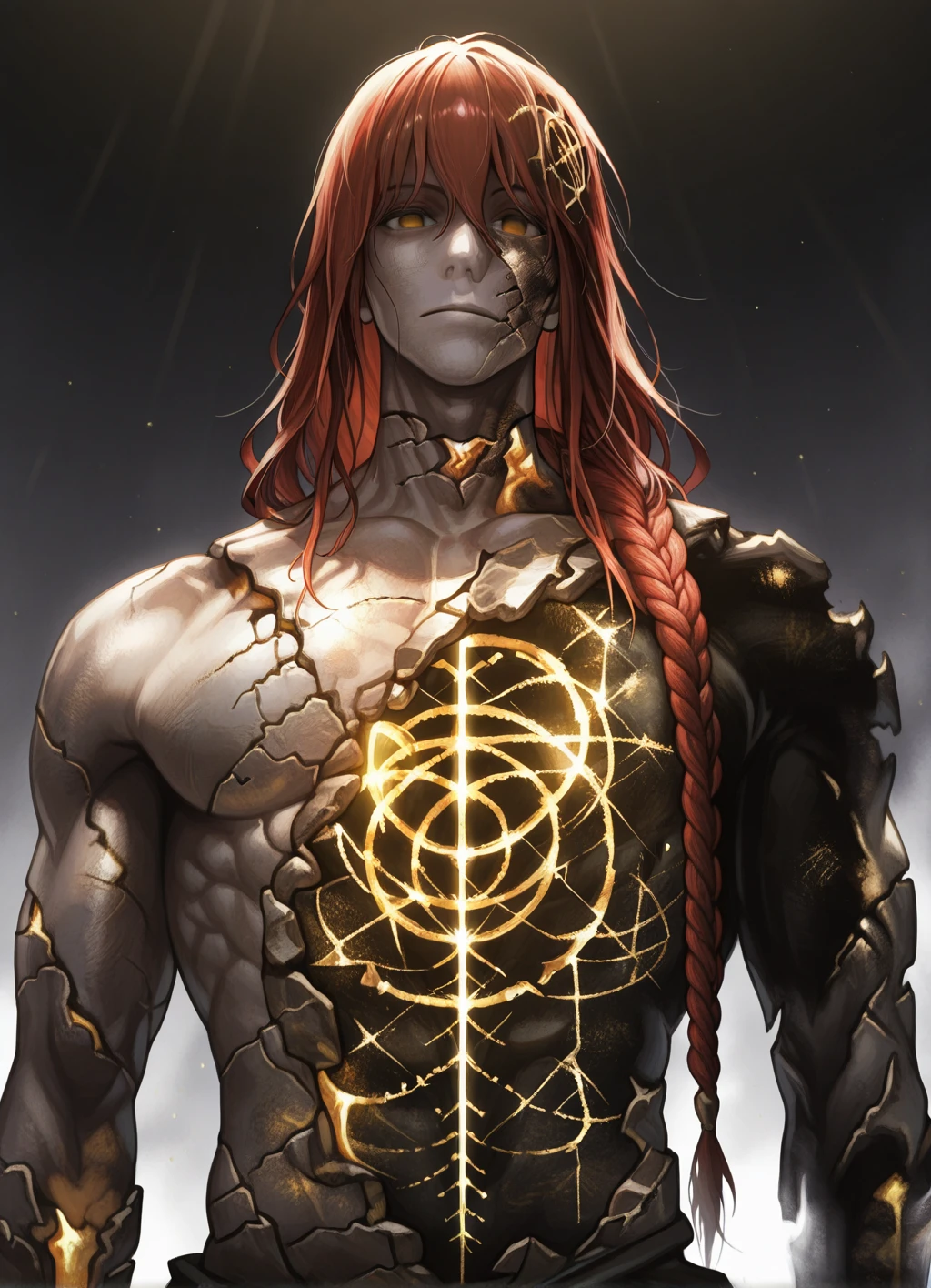masterpiece,best quality, radagon, solo, 1boy, muscular male, braided hair, cracked body, hole in chest, glowing elden ring (symbol), <lora:radagon:1>, upper body, empty eyes, looking at viewer, expressionless,