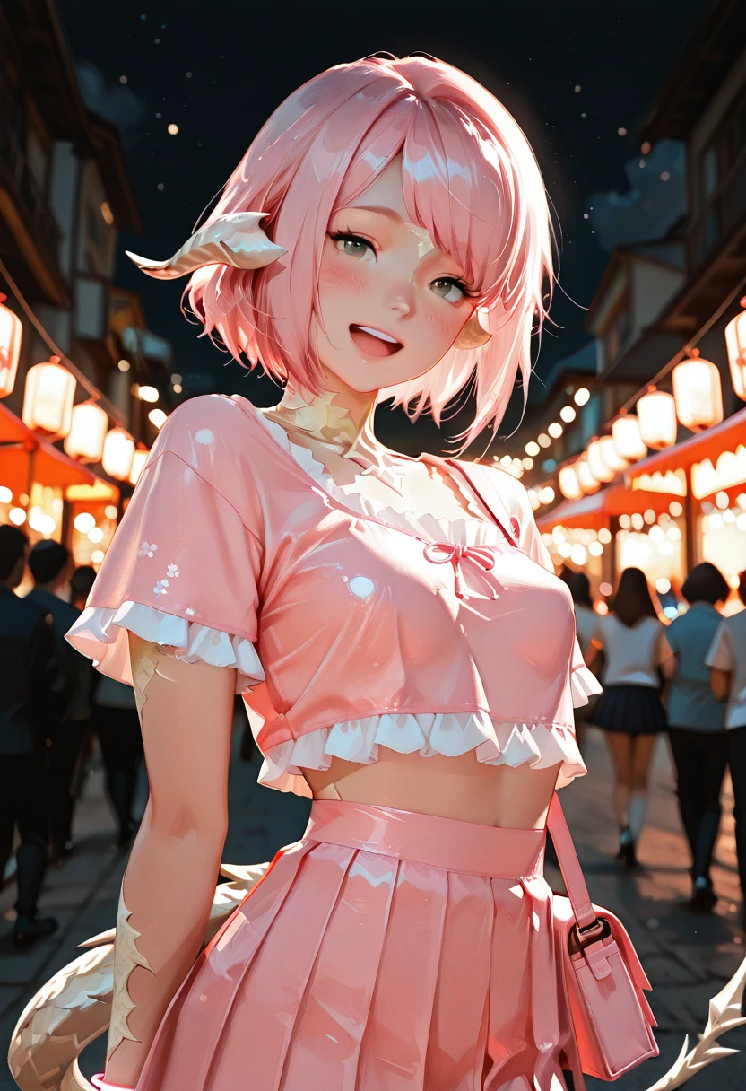 sarnai, au ra, green eyes, upper_body,
(blush:1.1), excited_expression, looking_at_viewer,  
pleated_skirt, pastel_pink, frilled_crop_top, laceup_boots, satchel_bag, glowstick_bracelet, paper_lantern,  
festival_background, colorful_lights, lanterns, night_sky, crowd_in_distance