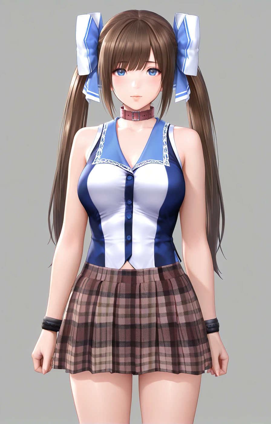 masterpiece,best quality,absurdres,1girl,solo,<lora:Girl_illust01:0.85>,twintails,brown hair,long hair,blue eyes,hair bow,plaid skirt,sleeveless shirt,wristband,collar,simple background,looking at viewer,game cg,