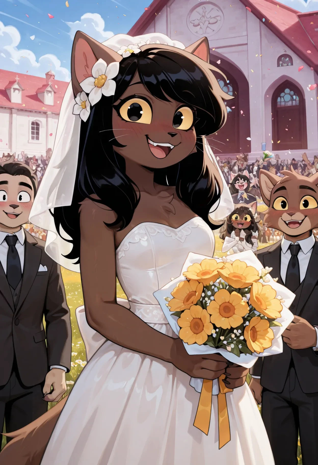 on model, screencap, soft shading, ivyc, 1girl, female, solo, black eyes, yellow sclera, brown fur, brown body, black hair, long hair, felinetail, furry, anthro, small breasts, wedding dress, excited, holding bouquet, blush, smile, happy, embarrassed, church, outdoors, field, wildflowers, sunny, crowd, celebration, flower in hair, veil, chest tuft, open mouth, looking at viewer, offering bouquet, pews, pedestrians, <lora:Ivy v5b Noobs955:1>