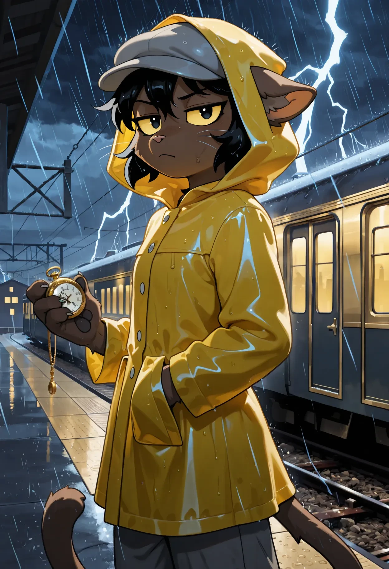 on model, screencap, flat color, dark, high contrast, dramatic lighting, ivyc, black eyes, yellow sclera, brown fur, black hair, short hair, feline, tail, flat cap, grey flat cap, yellow raincoat, hood up, grey pants, short pants, furry, anthro, night, outdoors, light blue highlight, yellow highlight, face focus, head shot, annoyed, from side, eyes half closed, judging, sky, overcast, raining, 1girl, female, solo, flat chest, train, train station, steam train, holding pocket_watch, hand in pocket, looking at viewer, wet clothing, wet fur, wet hair, dripping, messy hair, lightning bolt in background, city, outdoors,
<lora:Ivy v5b Noobs955:0.8>