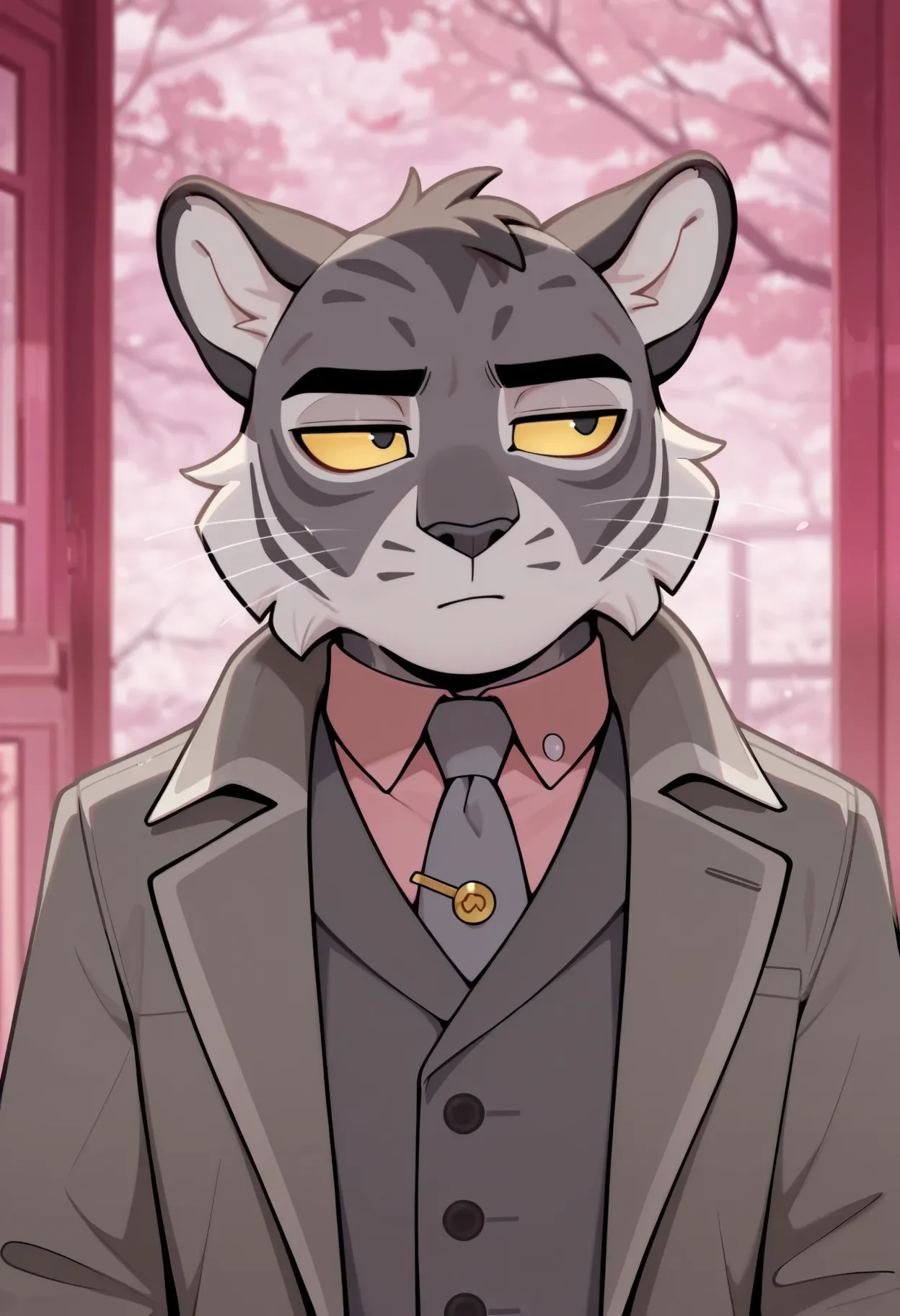 on model, screencap, flat color, pink hue, 1boy, male, solo, tiger, grey fur, grey nose, yellow sclera, grey necktie, grey overcoat, grey vest, tie pin, countershading, white fur, expressionless, bored, ears to side, closed mouth, looking ahead, blurry background, furry, anthro, <lora:Ivy v5b Noobs955:1>