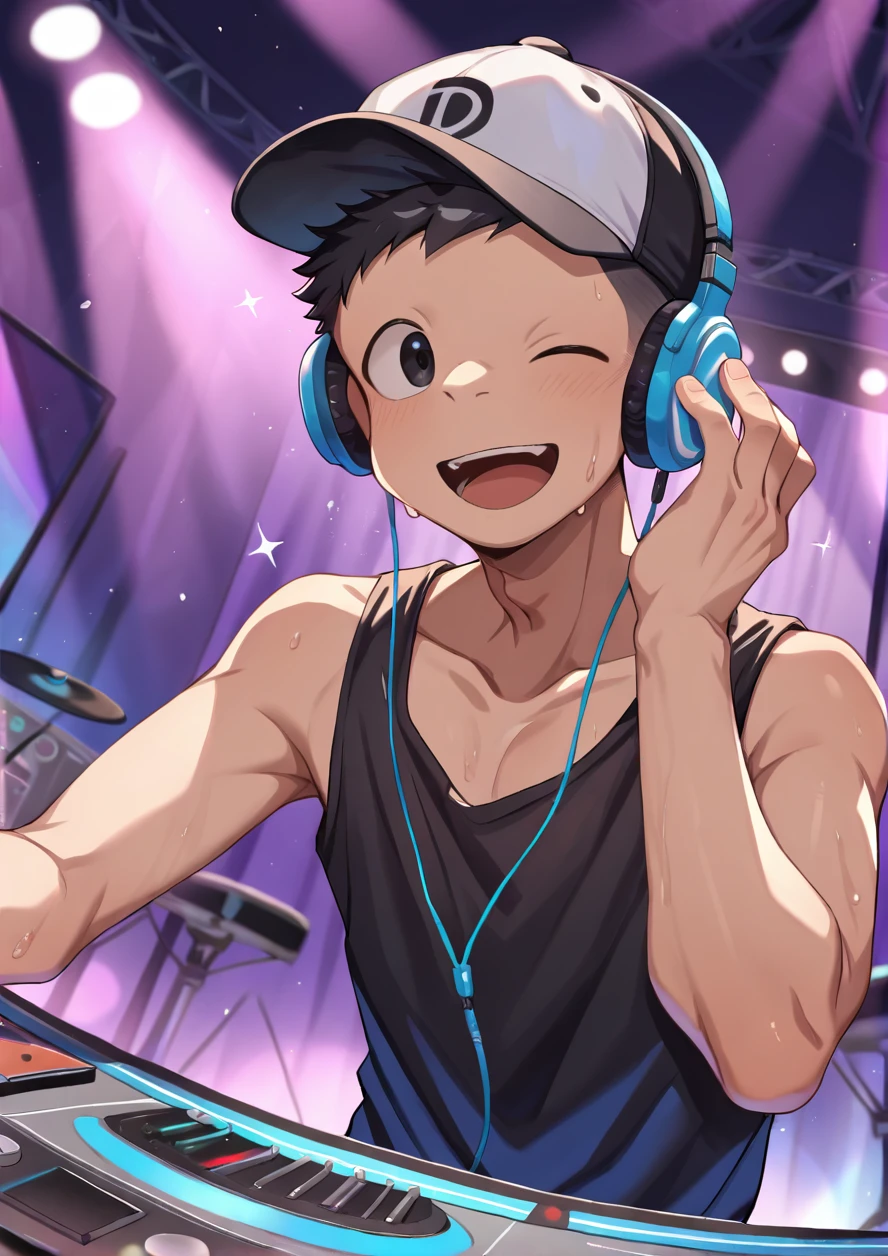 masterpiece,best quality,high quality,highly detailed,intricate,8k,absurdres,1boy,solo,black hair,very short hair,dance hall,music room,lighting,dj,headphone,headwear,black baseball cap,singing,sweat,black tanktop,wink,happy,open mouth,<lora:ããããwaryusya_NAI1:1.2>