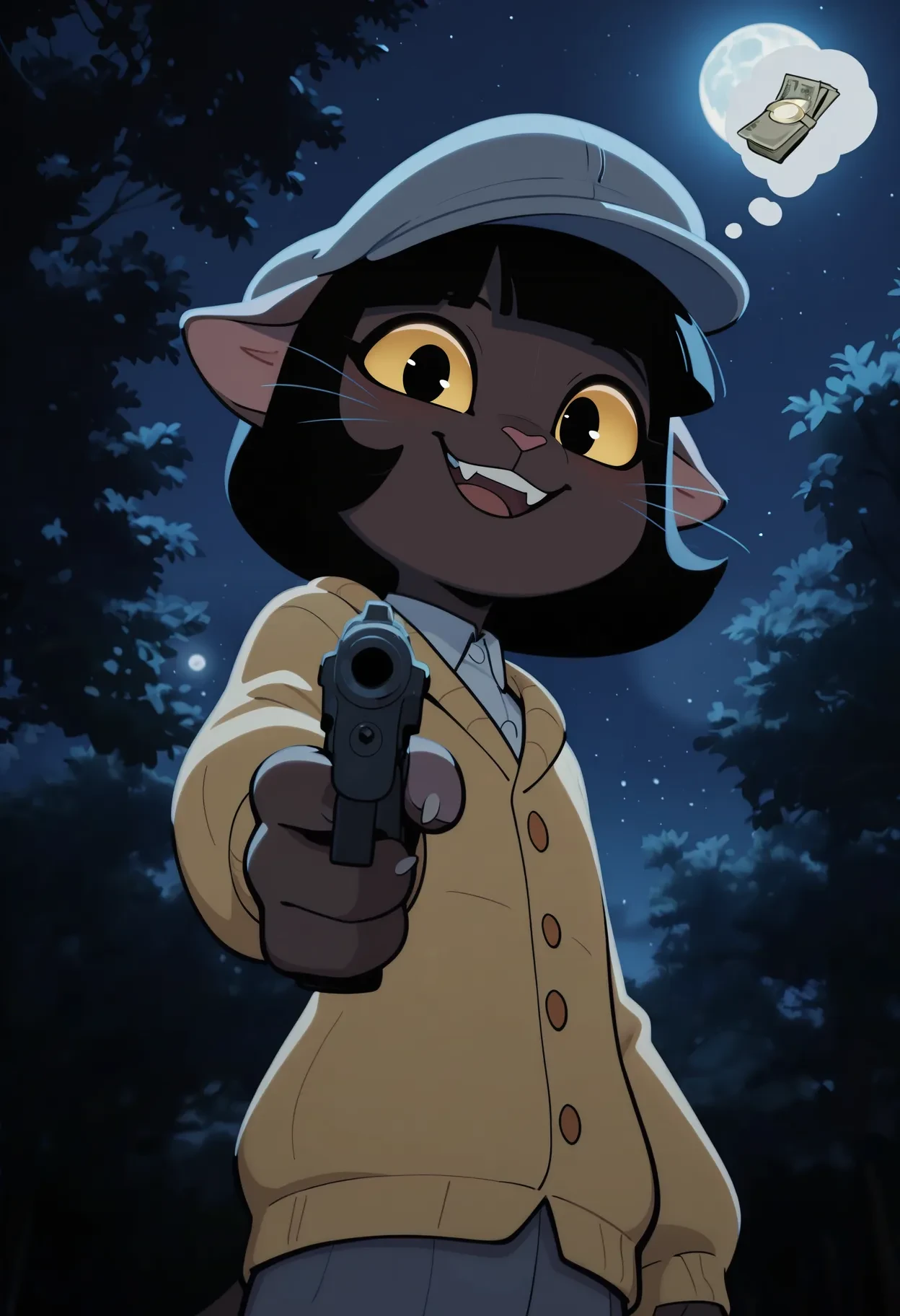 masterpiece, best quality, absurdres, BREAK, on model, screencap, flat color, 1girl, solo, ivyc, black eyes, yellow sclera, brown fur, black hair, short hair, bob cut, feline, tail, flat cap, grey flat cap, yellow cardigan, white button up shirt, grey pants, short pants, furry, anthro, night, outdoors, light blue highlight, upper body, standing, ears, sketch lines, from front, from below, facing side, looking at viewer, happy, open smile, holding gun, gun, female, flat chest, closeup, pov, aiming, whiskers, moon, night sky, forest, ears to side, ears down, thought bubble with money symbol, <lora:Ivy v5b Noobs955:0.8>