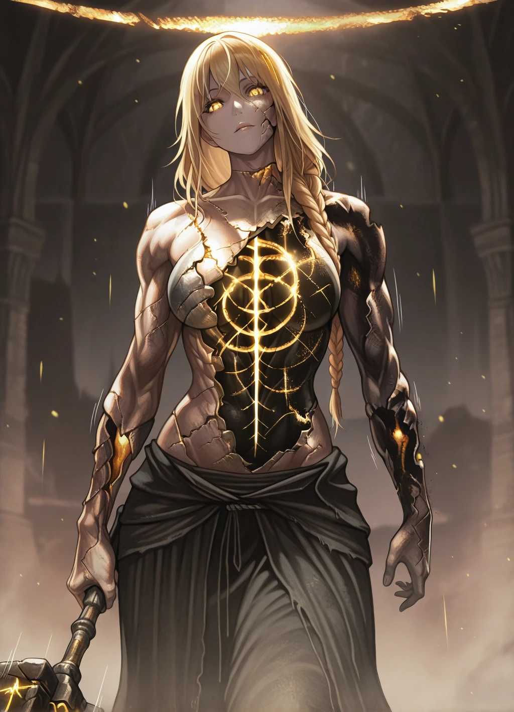 masterpiece,best quality, radagon, solo, 1girl, muscular girl, blonde hair, braided hair, cracked body, hole in chest,breasts, glowing elden ring (symbol), <lora:radagon:1>, looking at viewer, head tilt, standing, glowing eyes, motion lines, hammer,