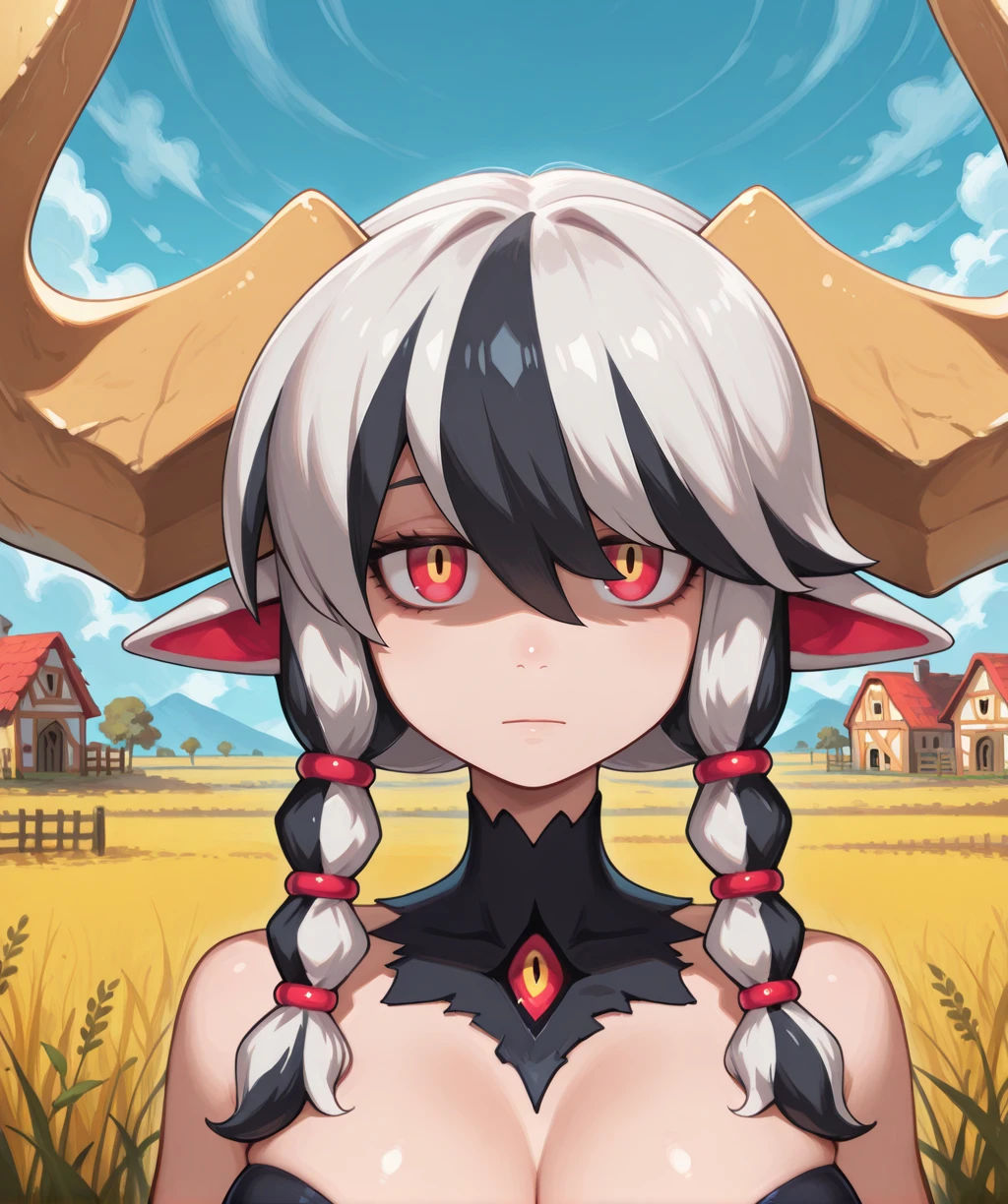 evileyexl, horns, red eyes, white hair, twin braids,  expressionless, 
 upper body, looking at viewer, close up,       
 clothing cutout, facing viewer, 
detailed landscape, satmospheric haze, 
outdoors, farm, solo, <lora:evileyexl:1>,