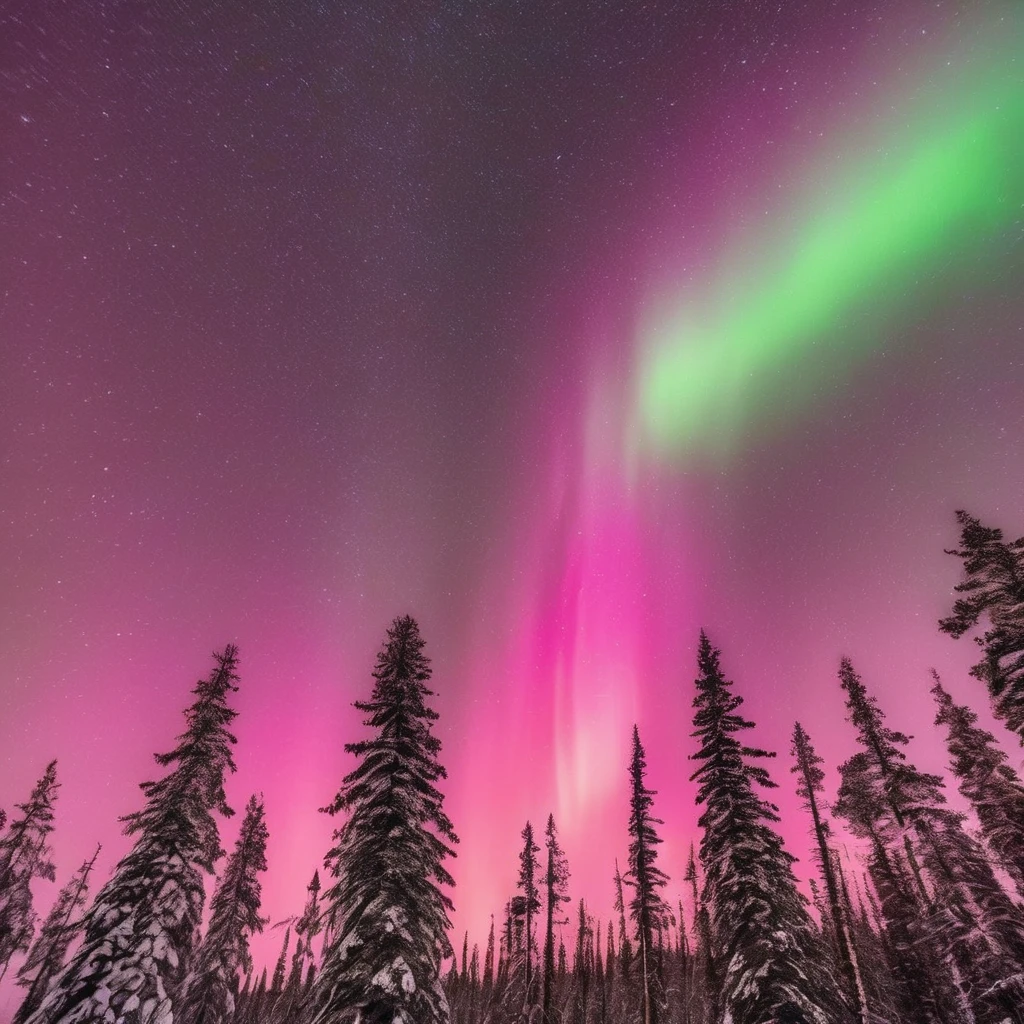 AuroraSpirits, Dramatic red and magenta northern lights swirling across night sky, snowy pine forest silhouette below, crystal clear atmosphere, high detail astrophotography, ultra sharp lens, cinematic light gradients, 8k resolution