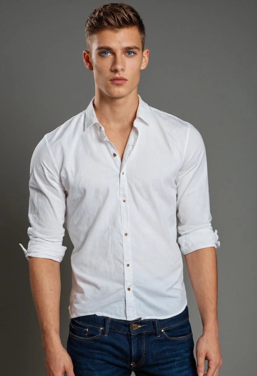 cinematic film still photo of a 25 yo male model, head and upper body, mid range shot, studio, standing in a studio, blue jeans, white shirt, leather shoes, fashion photoshoot, hyperdetailed photography, chiseled jawline, sharp eyes, detailed eyes, detailed pupils, iris detail
