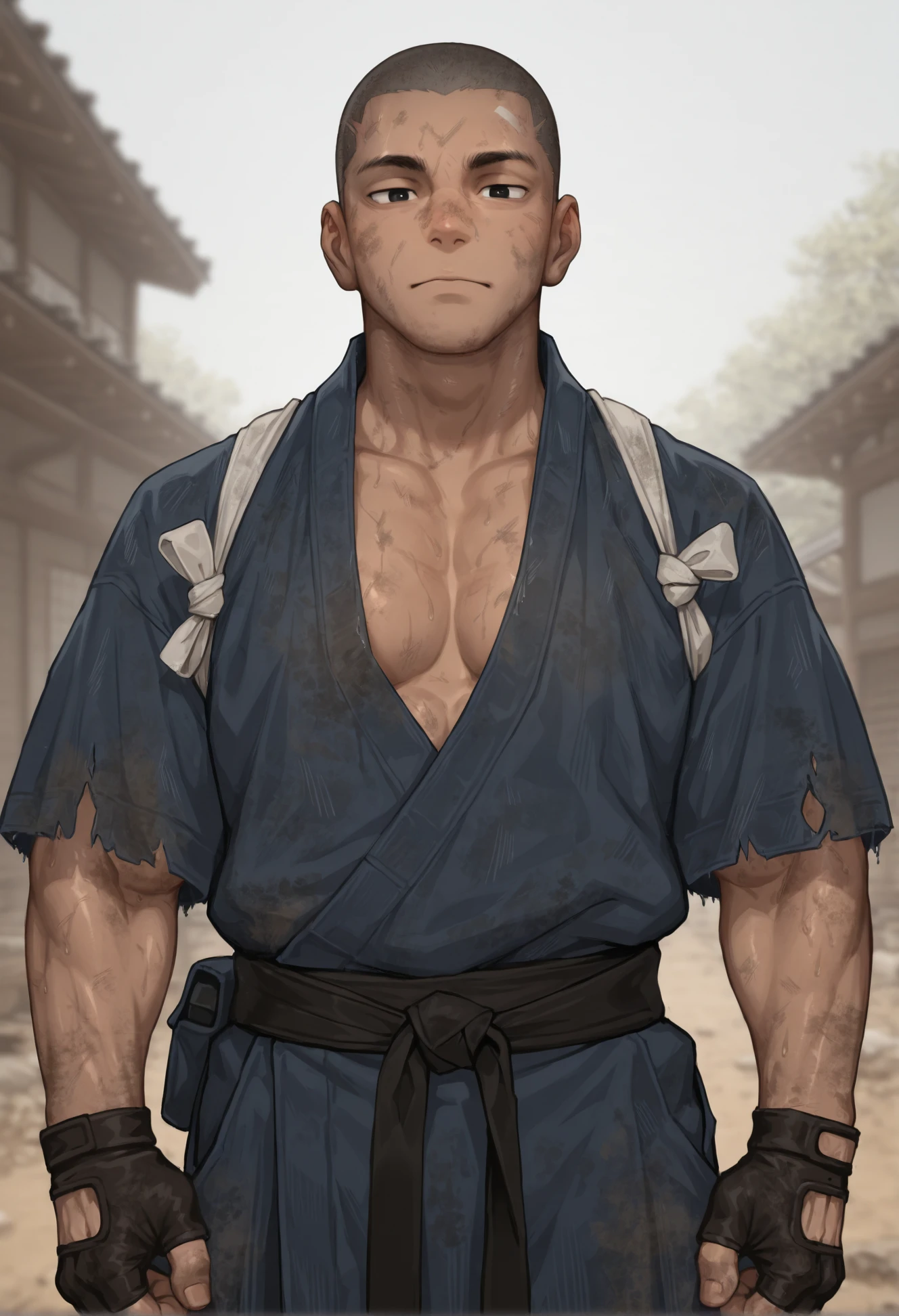 (masterpiece,best quality,perfect quality,absurdres,newest,very aesthetic),male focus,solo,muscular,buzz cut,adult,detailed eyes,black eyes,dirty,looking at viewer,musk,fingerless gloves,japanese clothing,<lora:danzienginelora-22:0.9>,