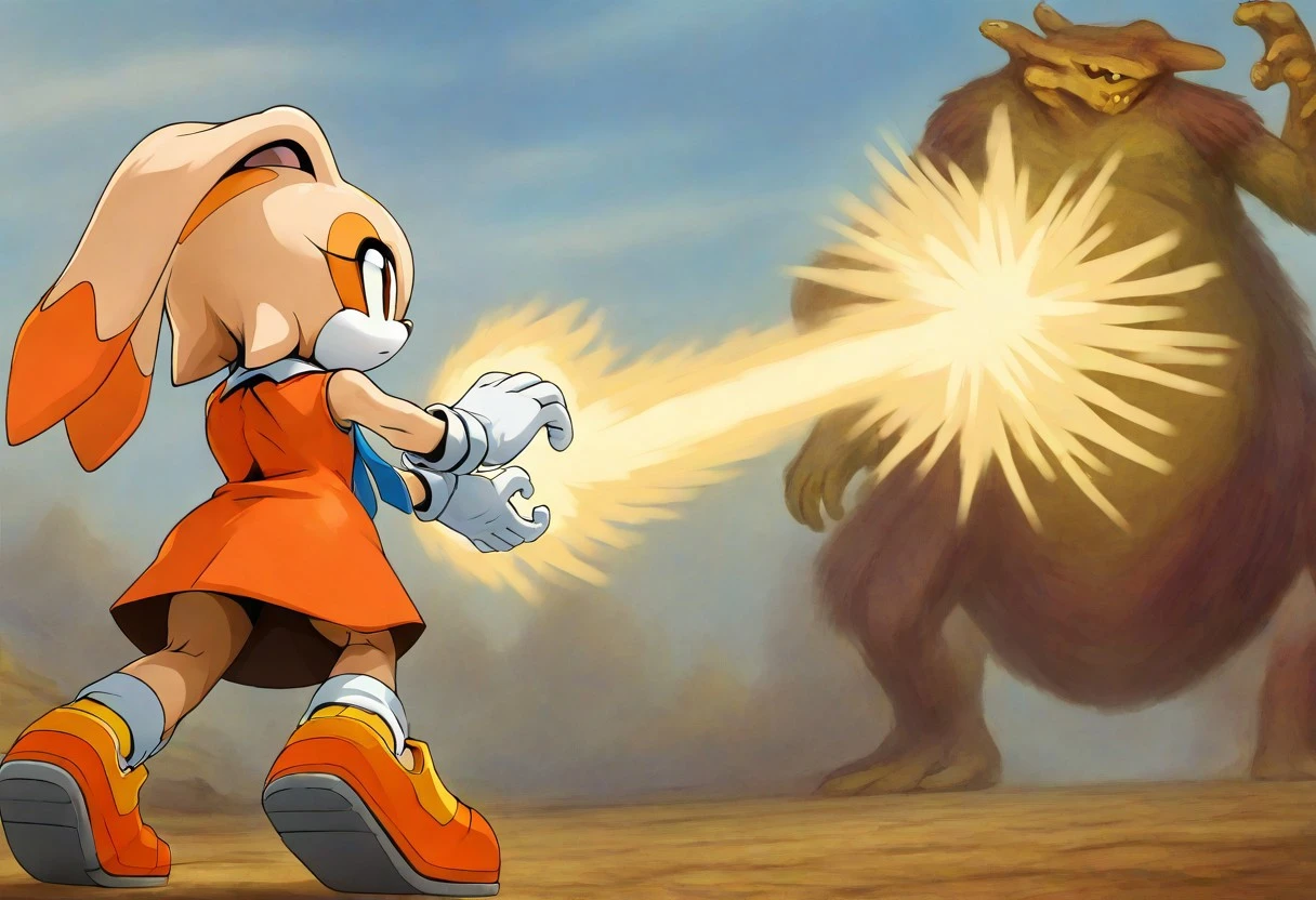 masterpiece, detailed art style, realistic art style,
close up, kamehaob,rear view,   blue energy beam, energy beam comming out of hands,beam impact splash,long beam towards monster, 1 girl on the left,(Cream the rabbit, 1girl, solo, anthro, furry, female, furry female,animal nose,
orange dress, blue necktie, orange and yellow_shoes, white socks, white gloves, gold buttons, white collar,orange shoes, wide hips, 
),giant monster, monster on the right,, long beam towards monster, giant monster on the right,outdoors,