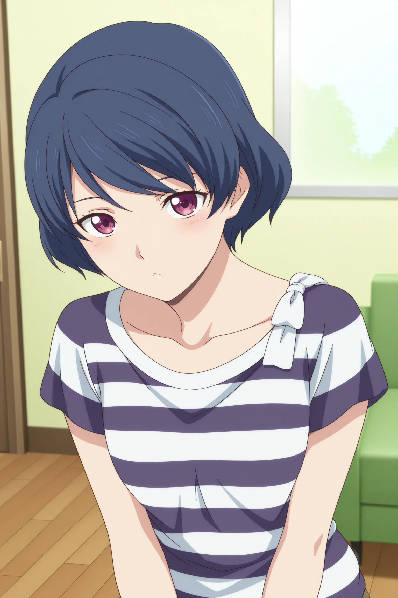 masterpiece, best quality, amazing quality, highres, absurdres, very aesthetic, high resolution, ultra detailed, perfect details, 1girl, solo, indoors, living room, day, tachibana rui, short hair, blue hair, choppy bangs, purple eyes, short sleeves, striped shirt, white bow, brown shorts, purple footwear, <lora:Rui_Tachibana_ILXL:0.8>, (upper body), looking at viewer, (anime coloring:1.2), standing, (pose:1), expressionless, shy