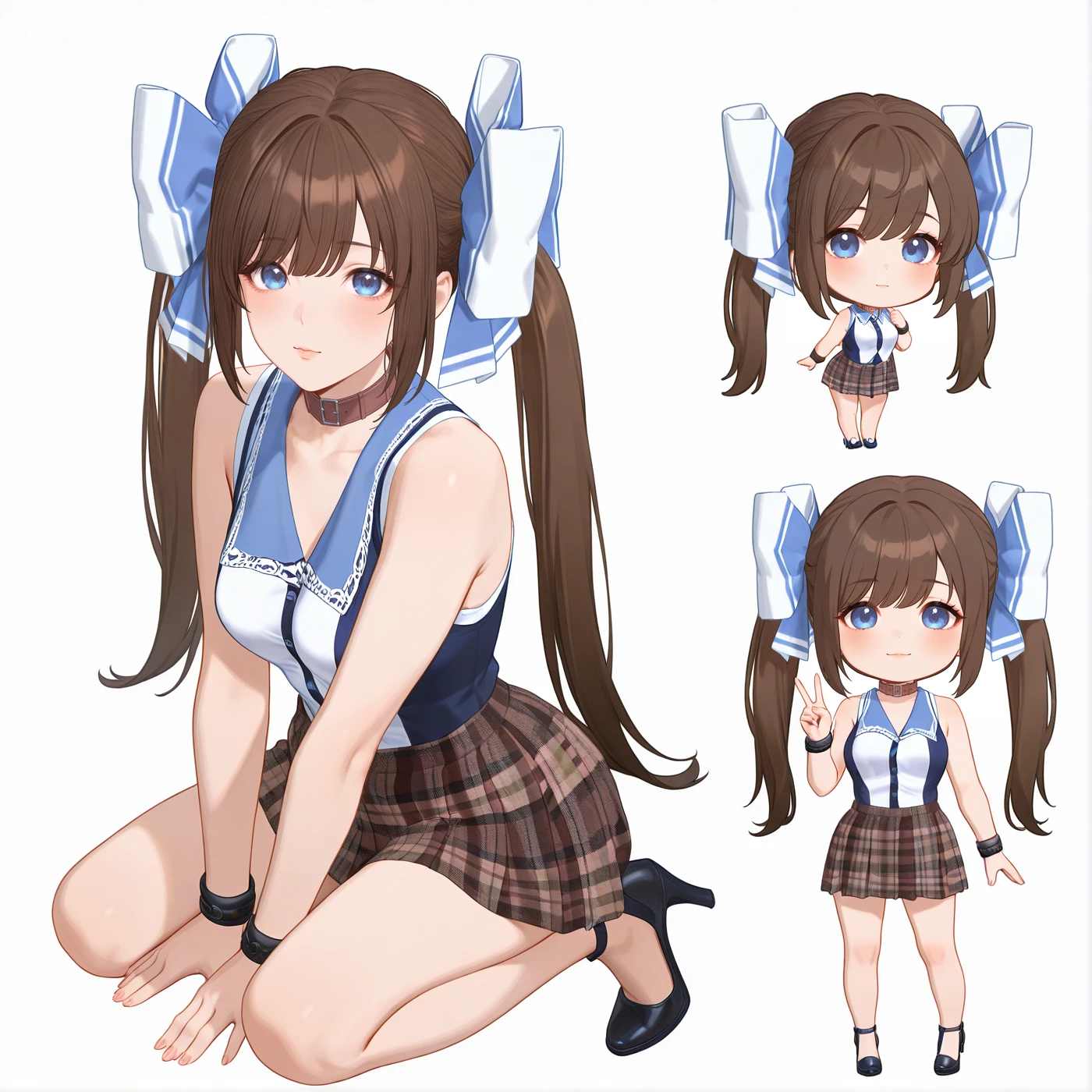 masterpiece,best quality,absurdres,1girl,solo,<lora:Girl_illust01-000006:1>,twintails,brown hair,long hair,blue eyes,hair bow,wristband,collar,sleeveless shirt,plaid skirt,high heels,looking at viewer,v,<lora:IriaStyleIllustriousV1:1>,chibi,full body,white background,