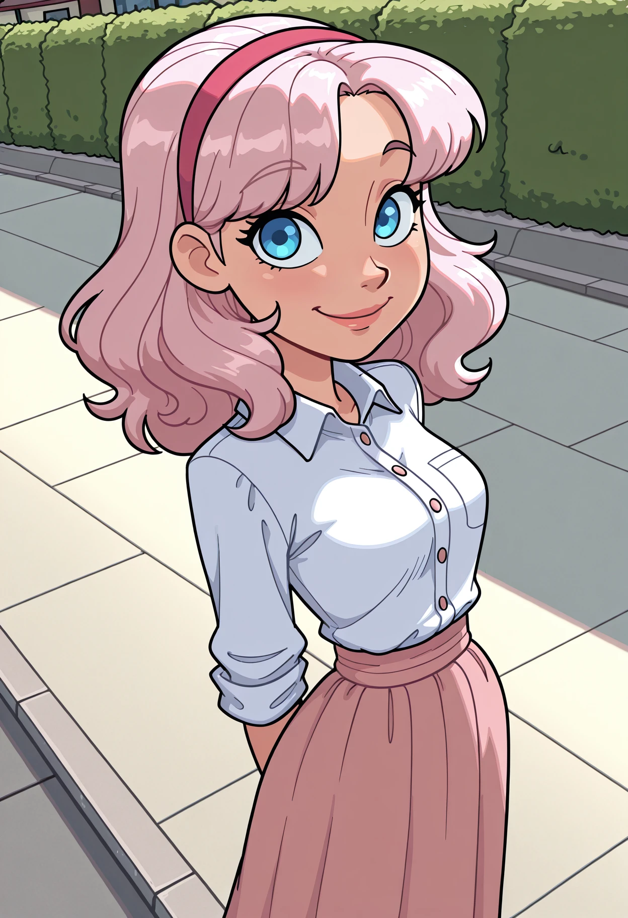 comicbook style,Masterpiece,amazing quality,4k,high resolution,ultra-detailed,newest,best quality,1girl, wavy hair, light pink hair, medium hair, center part bangs,  hairband, Linen button-down shirt, Linen wrap skirt,standing,detailed eyes, street,sidewalk, suburban neighborhood, smile, small breasts, from front, natural lighting, blue eyes, (daytime:1),(dappled shadows:0.3),dynamic angle,scenery,rim light,available light,face focus,looking at viewer,