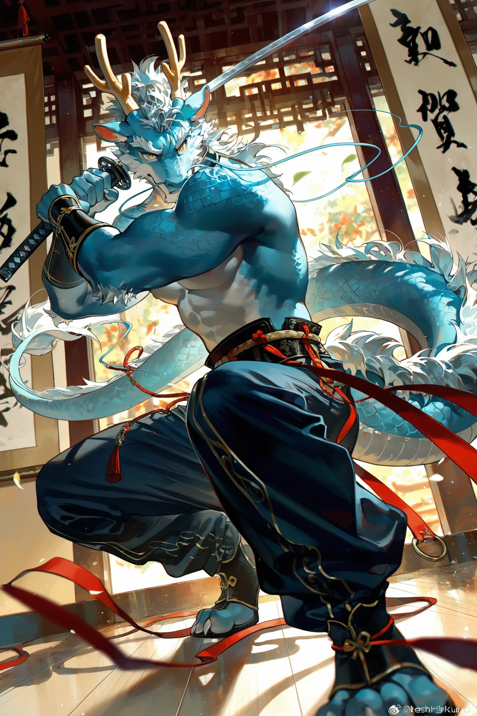 masterpiece,best quality,very awa,ultra-detailed,absurdres,huge filesize,
perfect anatomy,good hands,
(ciloranko:0.3),suzumi \(ccroquette\),dino \(dinoartforame\),null_ghost,konya karasue,ekita kuro,(wlop:0.6),(raccoon21:0.4),lindong,
hanfu,tang style outfits,cyan blue long upper shan,breast_band,topless,full body,male focus,
solo,(eastern dragon furry),cyan blue and white,anthro,furry male,kemono,(bara:1.3),muscular,adult,yellow eyes,grey beard,dragon tail,katana,hands on katana,
(fighting stance:1.2),motion lines,superhero landing,half squatting,dynamic pose,wind,(simple background:0.8),hanging scroll background,aestheticism,dynamic_angle,
chinese style,depth of field,looking_at_viewer,
<lora:Kombagavad_gita_V3.3_Glittering_gravel:1>,