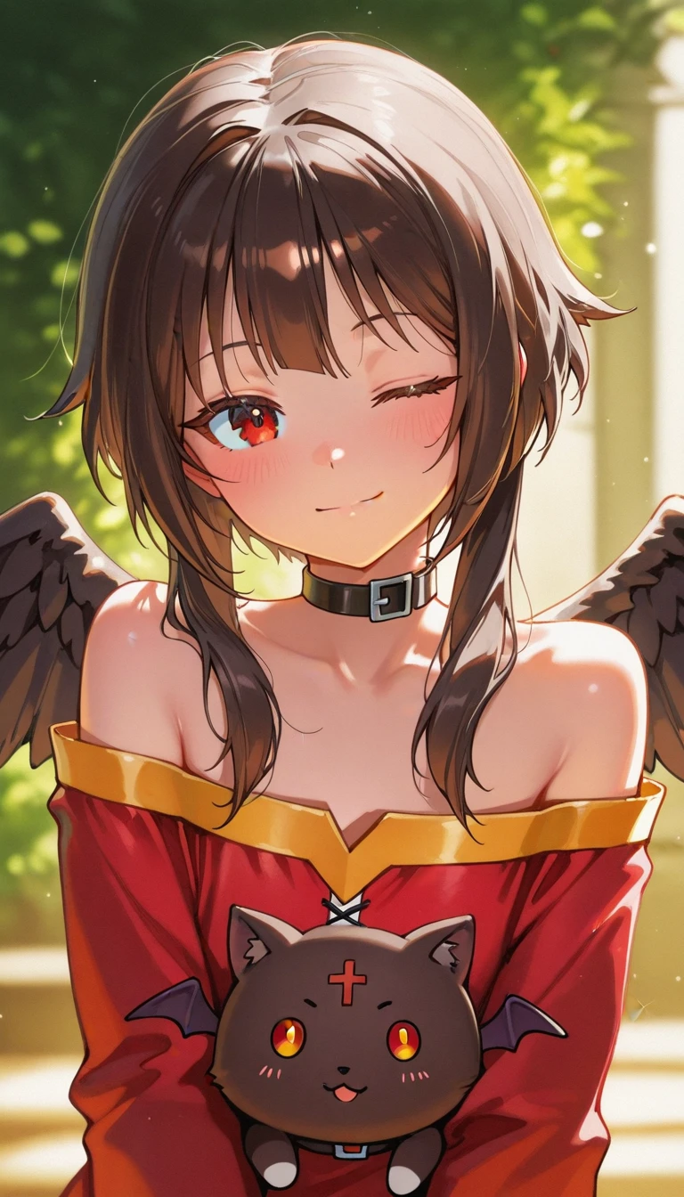 , , , mikoart99 , mikoart99, 1girl, one eye closed, red eyes, bare shoulders, red dress, dress, smile, looking at viewer, short hair with long locks, upper body, off shoulder, creature, bangs, blush, black hair, collar, closed mouth, wings, cat, brown hair, choker, off-shoulder dress, short hair, collarbone, film grain, megumin,