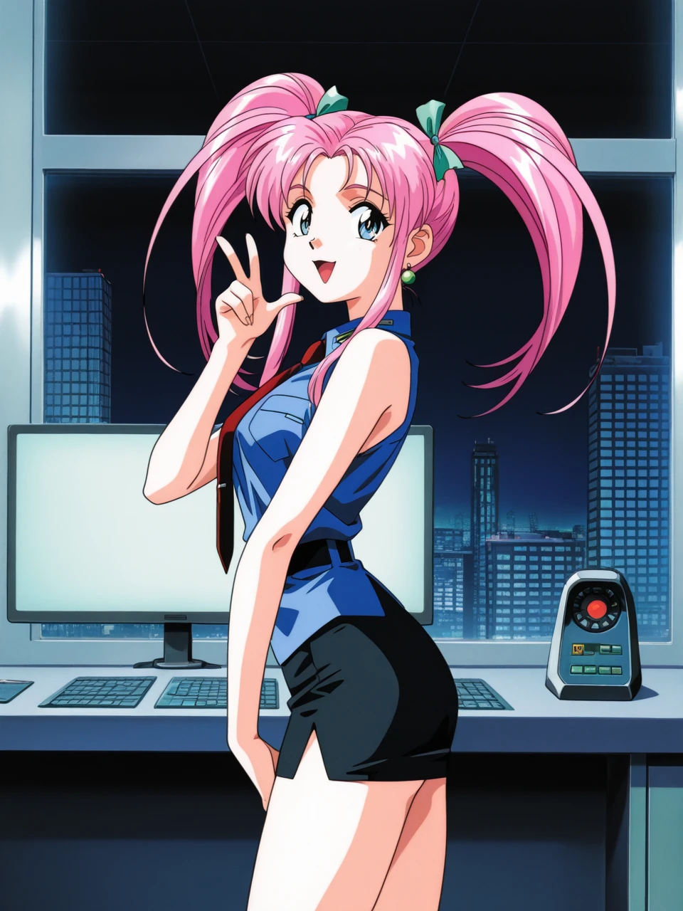 masterpiece, newest, best quality, amazing quality, very aesthetic, ray tracing, volumetric lighting, octane render,  1girl, absurdres, nsfw, giggling,  standing , from side, cowboy shot, looking at viewer, command center, screens, inside skyscraper, window,  1990s \(style\), gesture, talking to viewer,
<lora:lilica_ill_fw:1>  lilica_ill_fw, twintails, pink hair, long hair, blue eyes, sidelocks, ribbon, necktie, jewelry,  earrings,  pencil skirt, uniform, sleeveless,